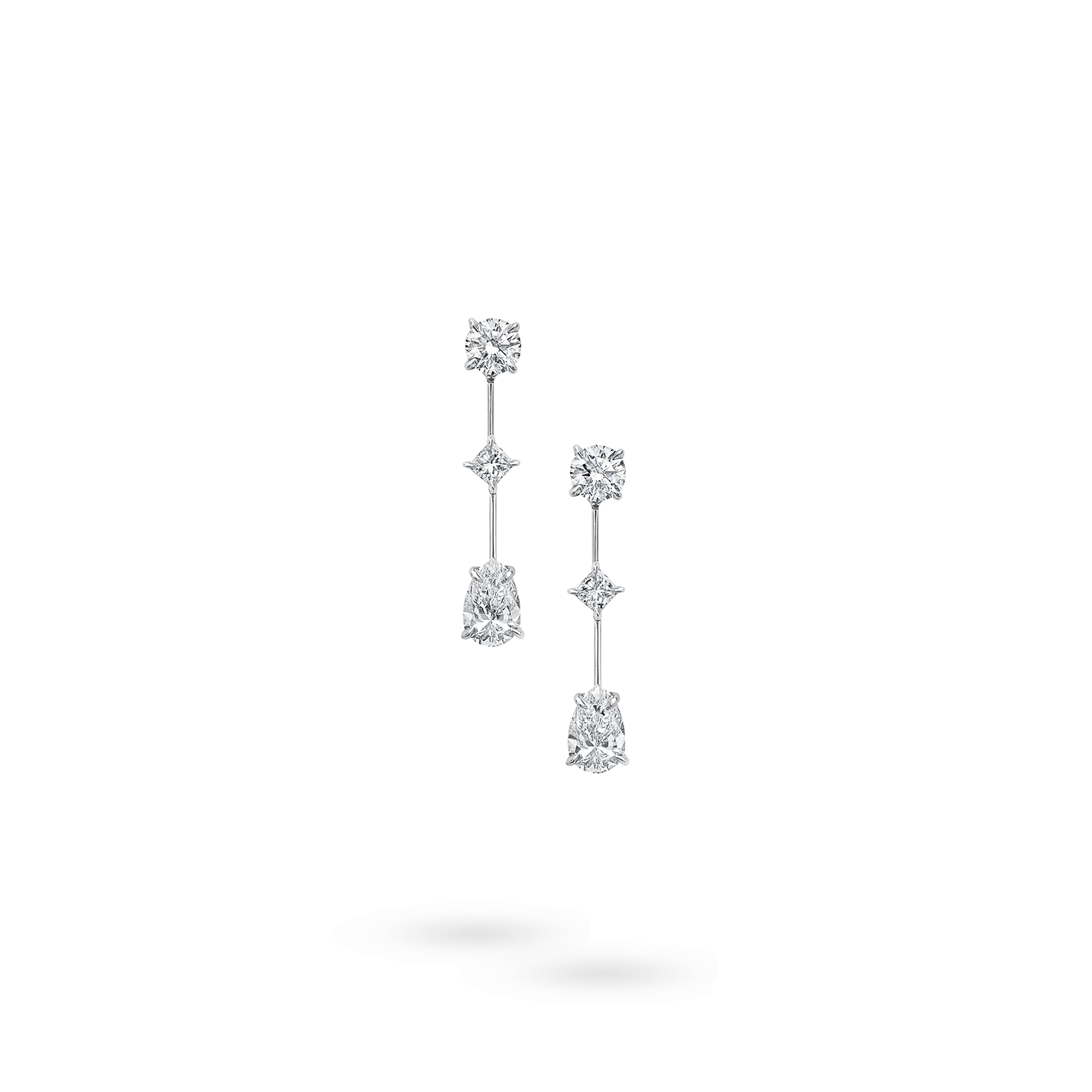 Front view of the Round Brilliant Princess-Cut and Pear-Shaped Cascading Diamond Earrings