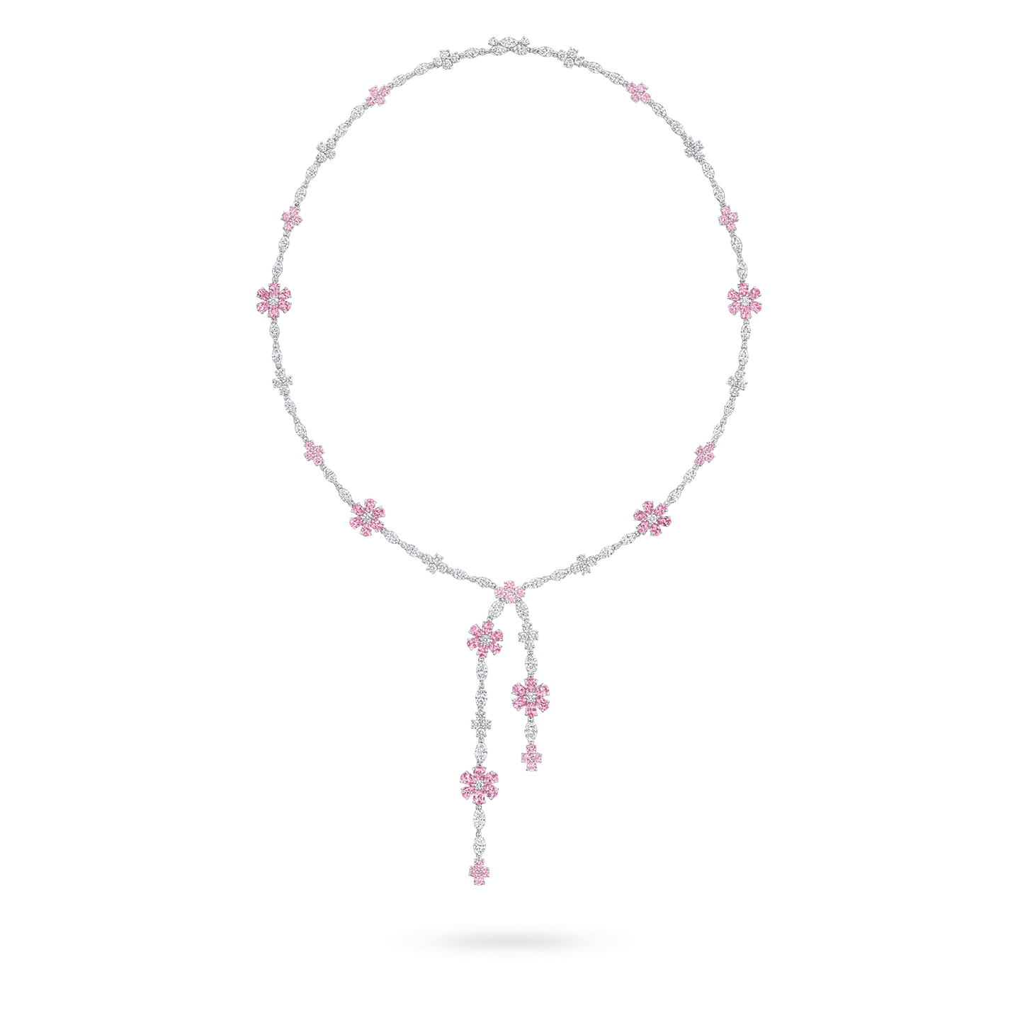 Vue de face de la Collier lariat Forget-Me-Not en saphir rose et diamant