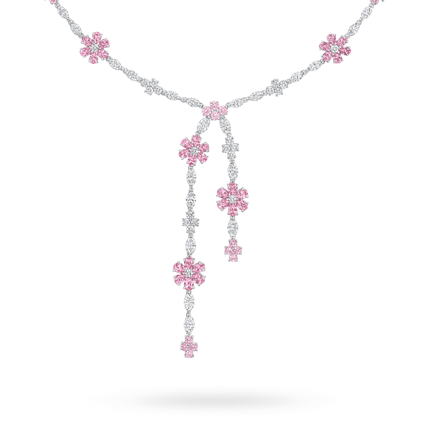 Close-up view of the Forget-Me-Not Pink Sapphire and Diamond Lariat Necklace
