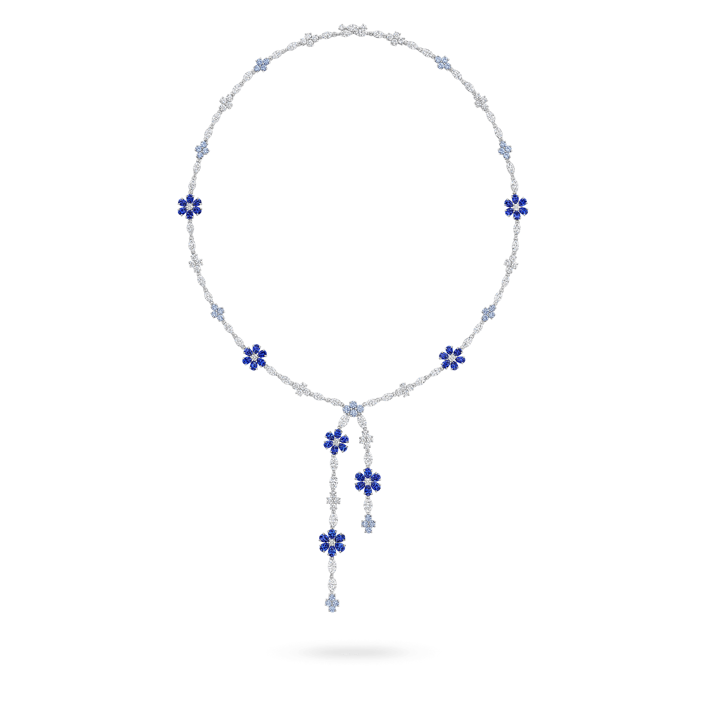 Front view of the Forget-Me Not Sapphire and Diamond Lariat Necklace