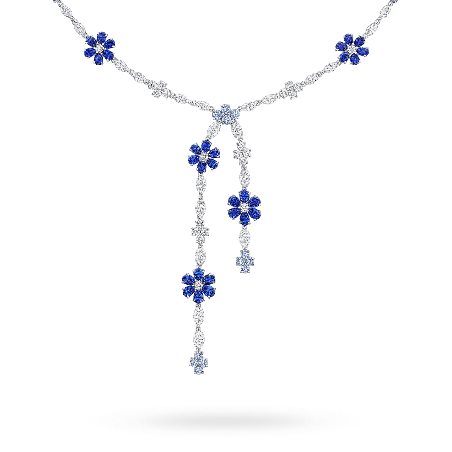 Close-up view of the Forget-Me Not Sapphire and Diamond Lariat Necklace