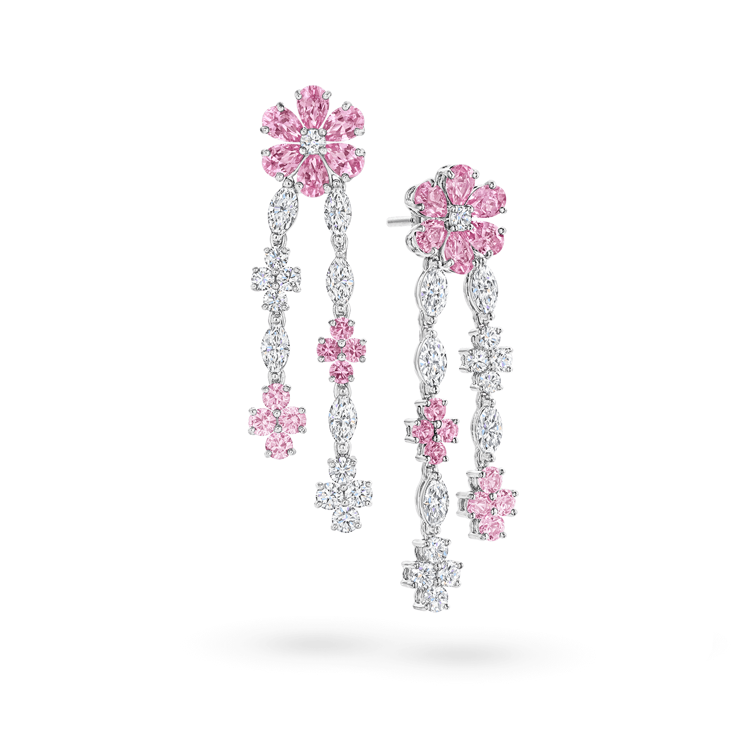 Forget-Me-Not Pink Sapphire and Diamond Drop Earrings, Product Image 2