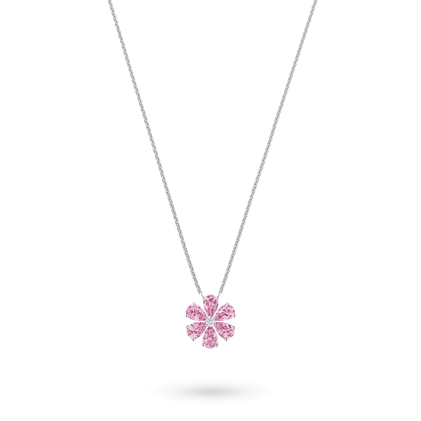Pendentif Forget-Me-Not en saphir rose et diamant sur une chaîne plus longue