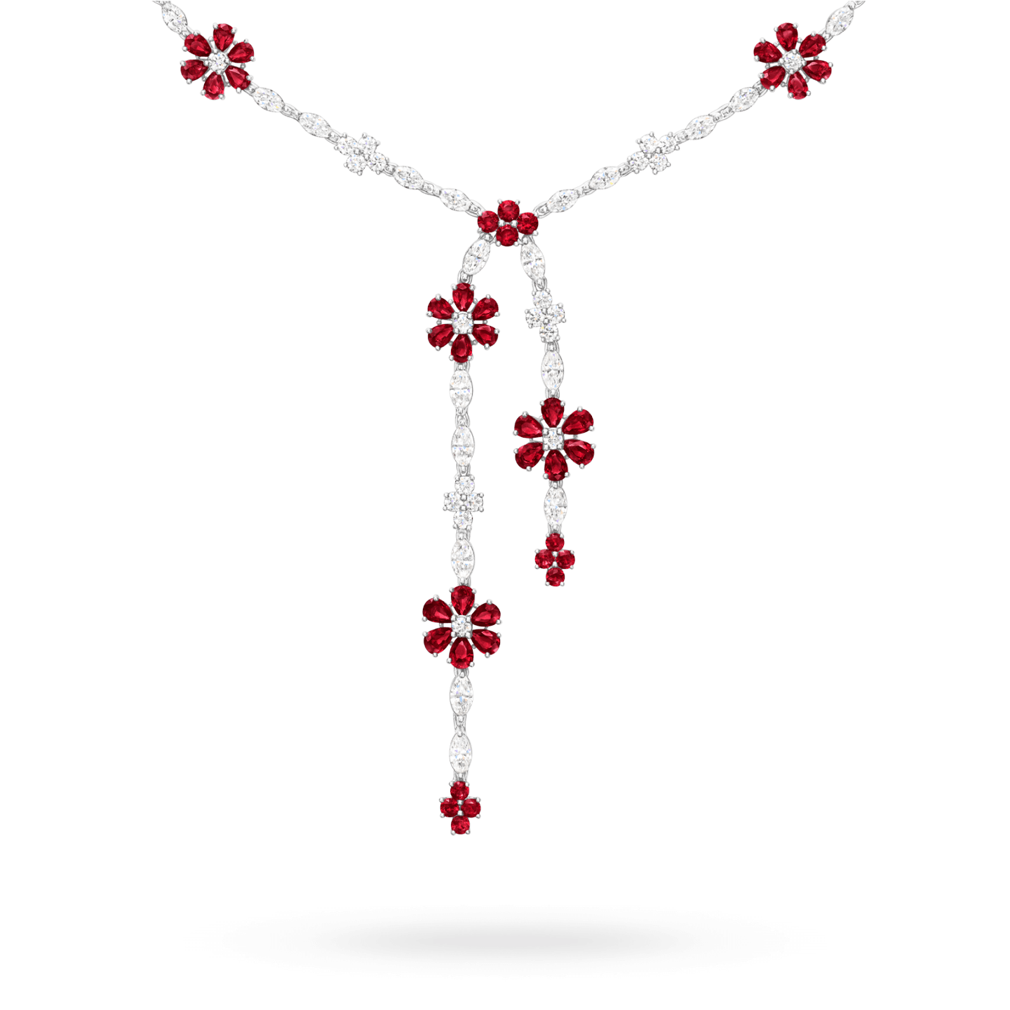 Close-up view of the Forget-Me-Not Ruby and Diamond Lariat Necklace
