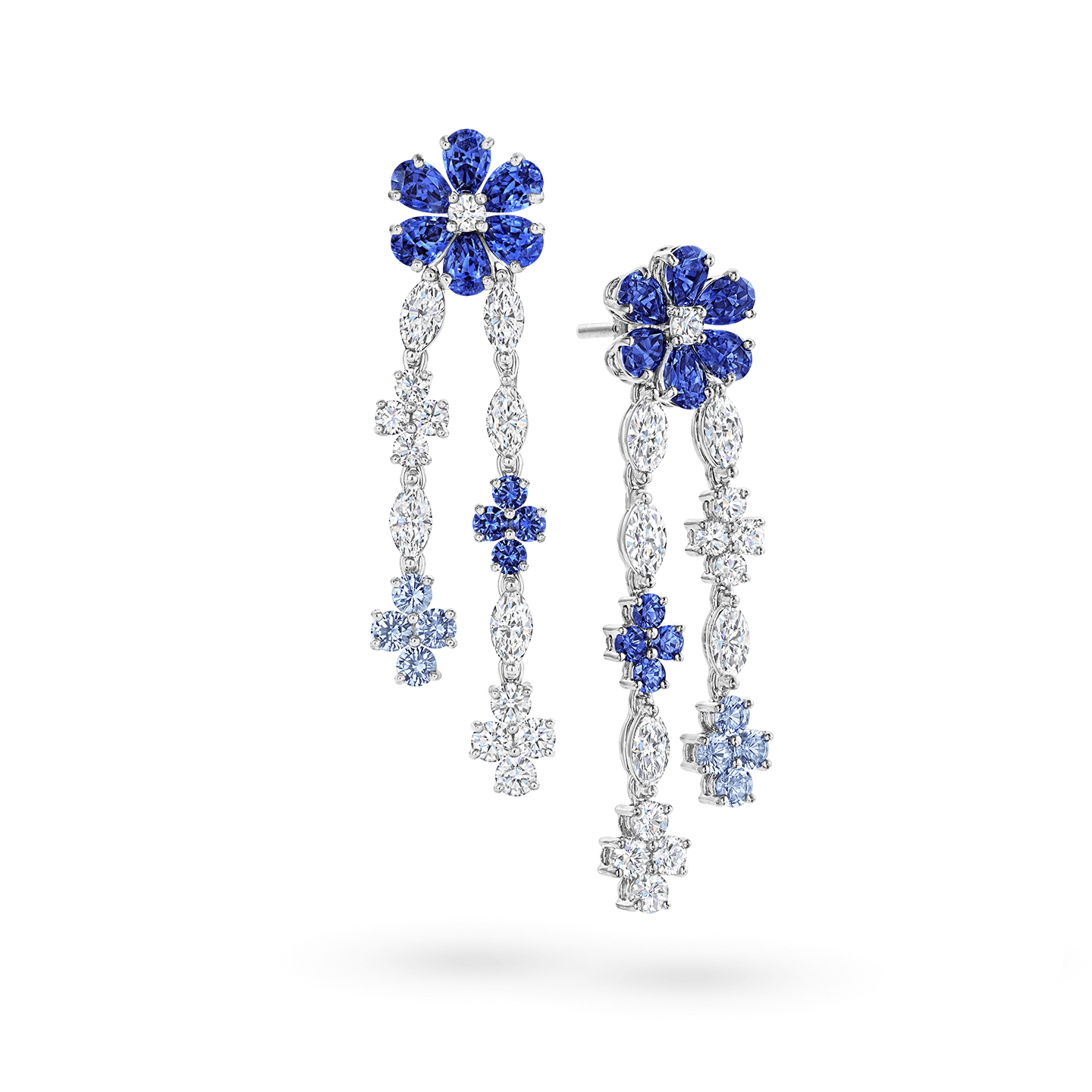 Vue en angle de la Boucles d'oreilles Forget-Me-Not en saphir et diamant