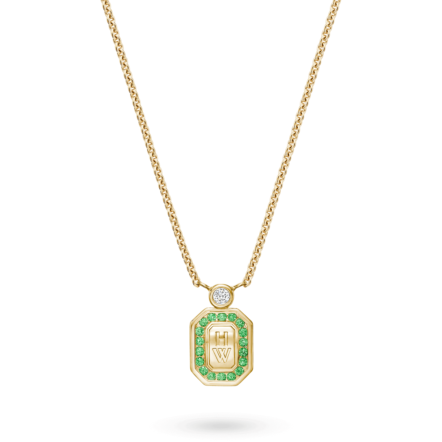 HW Logo Pendant with Tsavorites in a longer chain