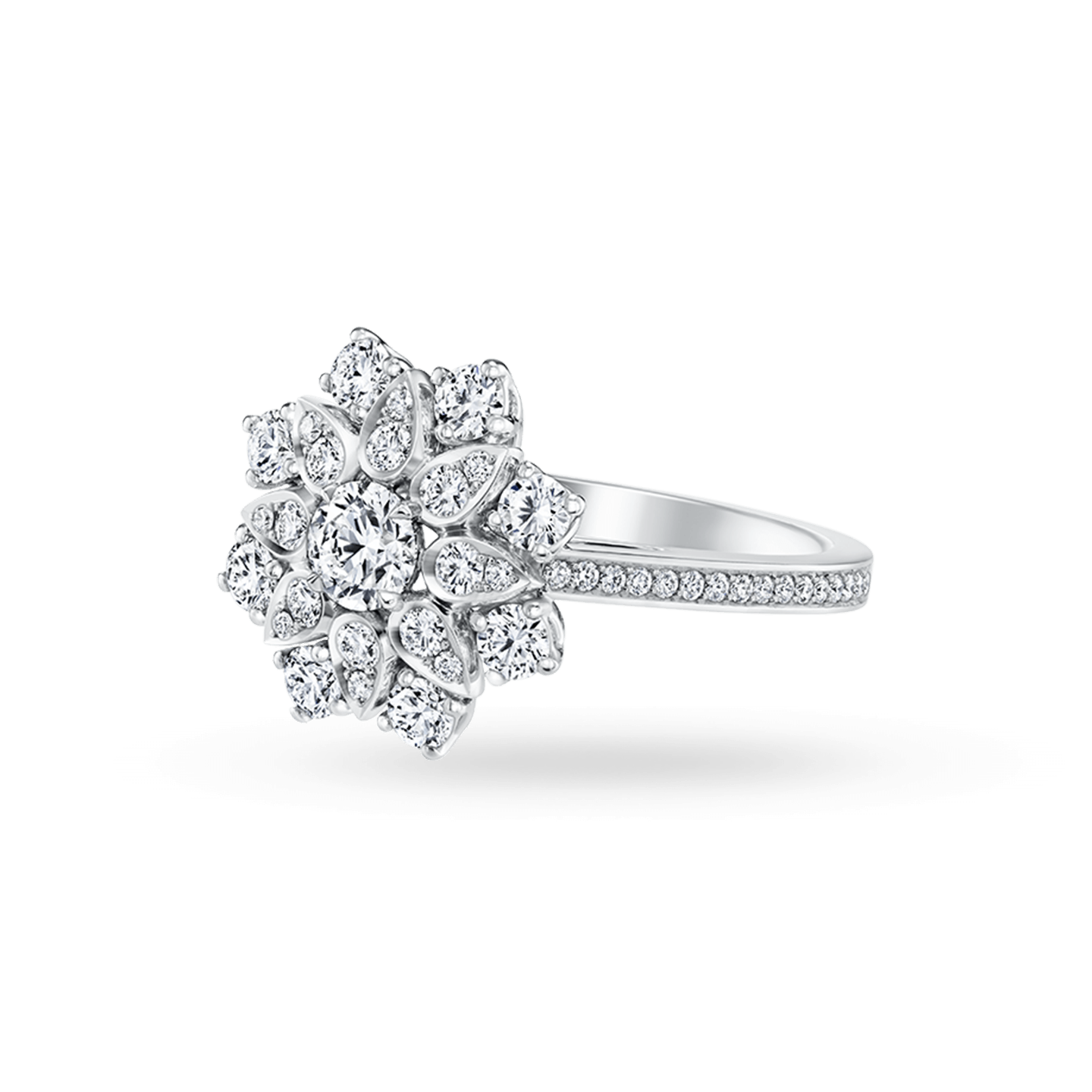Angled view of theLotus Cluster Small Diamond Ring