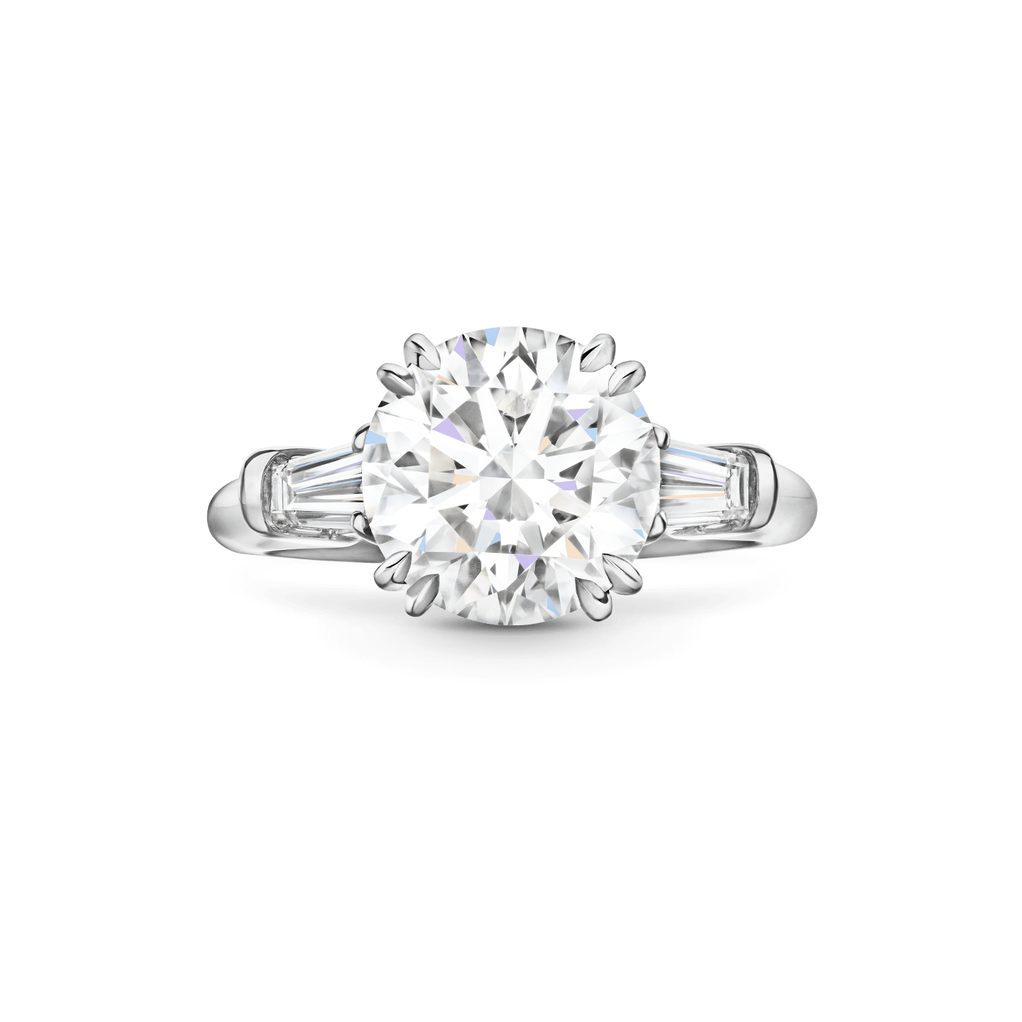 Vue de face de la Bague de fiançailles Classic Winston diamant taille brillant et diamants latéraux taille baguette