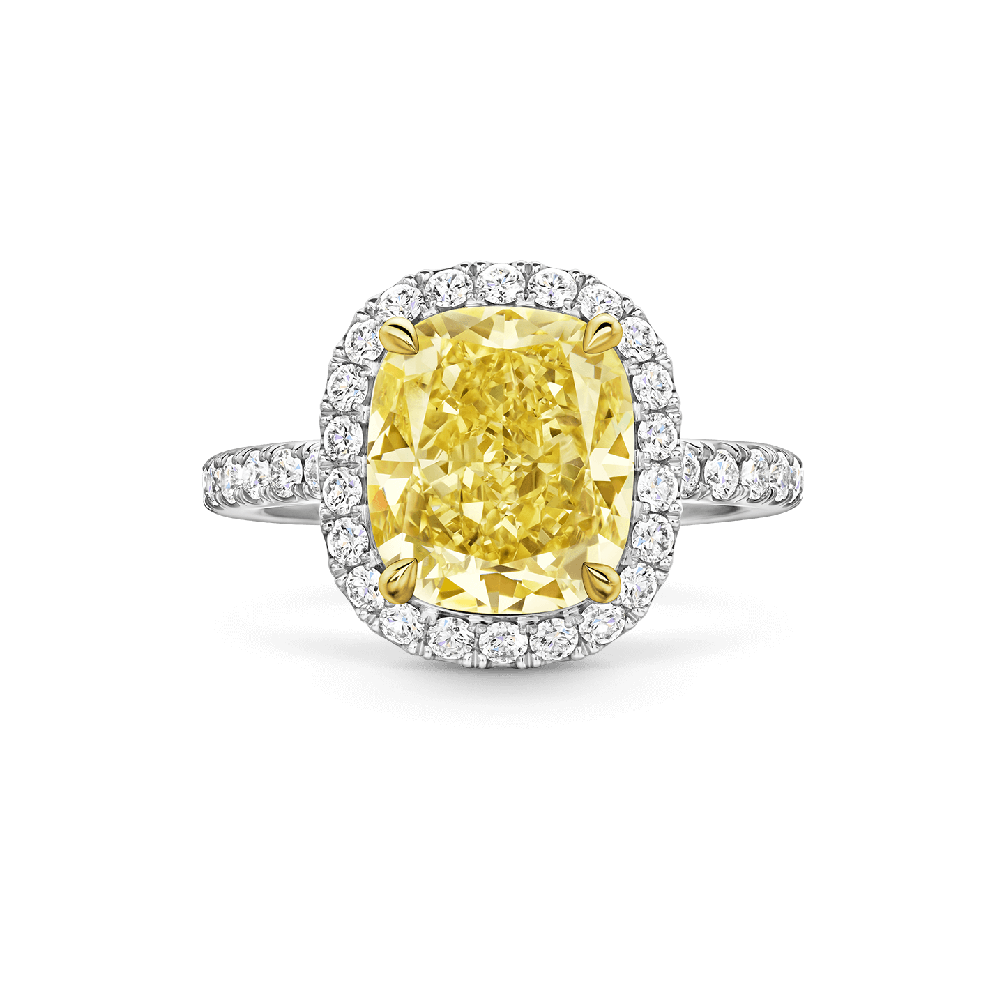 Vue de face de la Bague diamant jaune taille coussin et micropavage