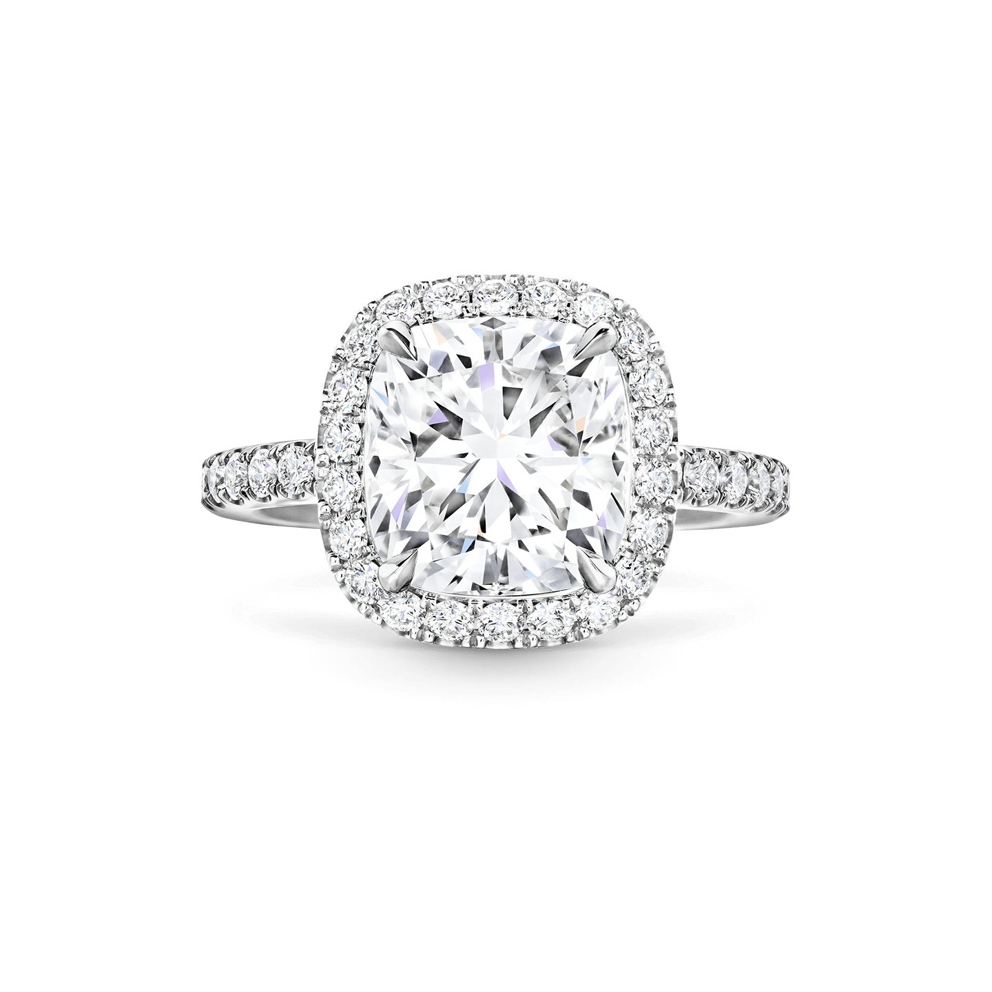 Vue de face de la Bague de fiançailles The One diamant taille coussin et micropavage
