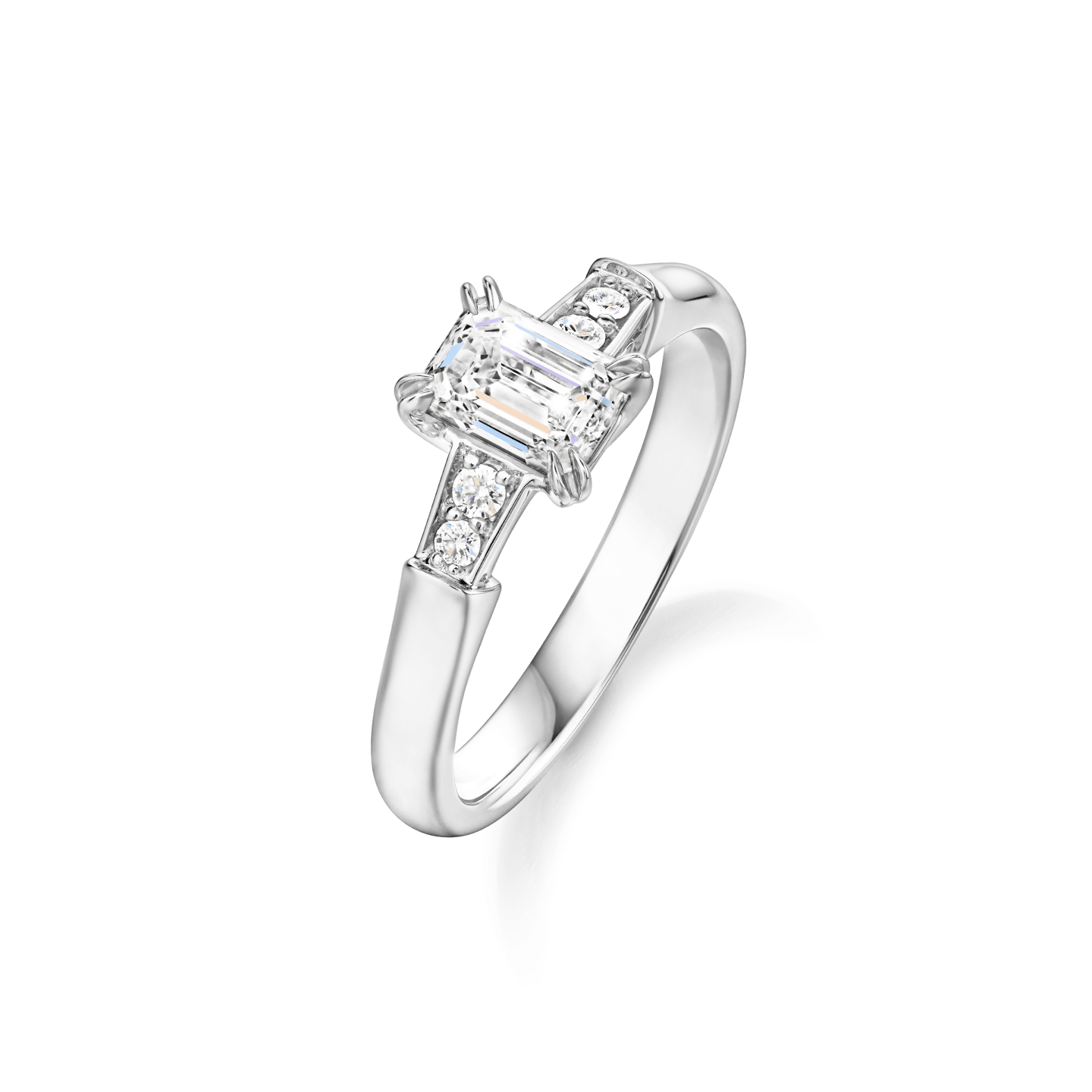 Angled view of the Tryst Emerald-Cut Diamond Engagement Ring