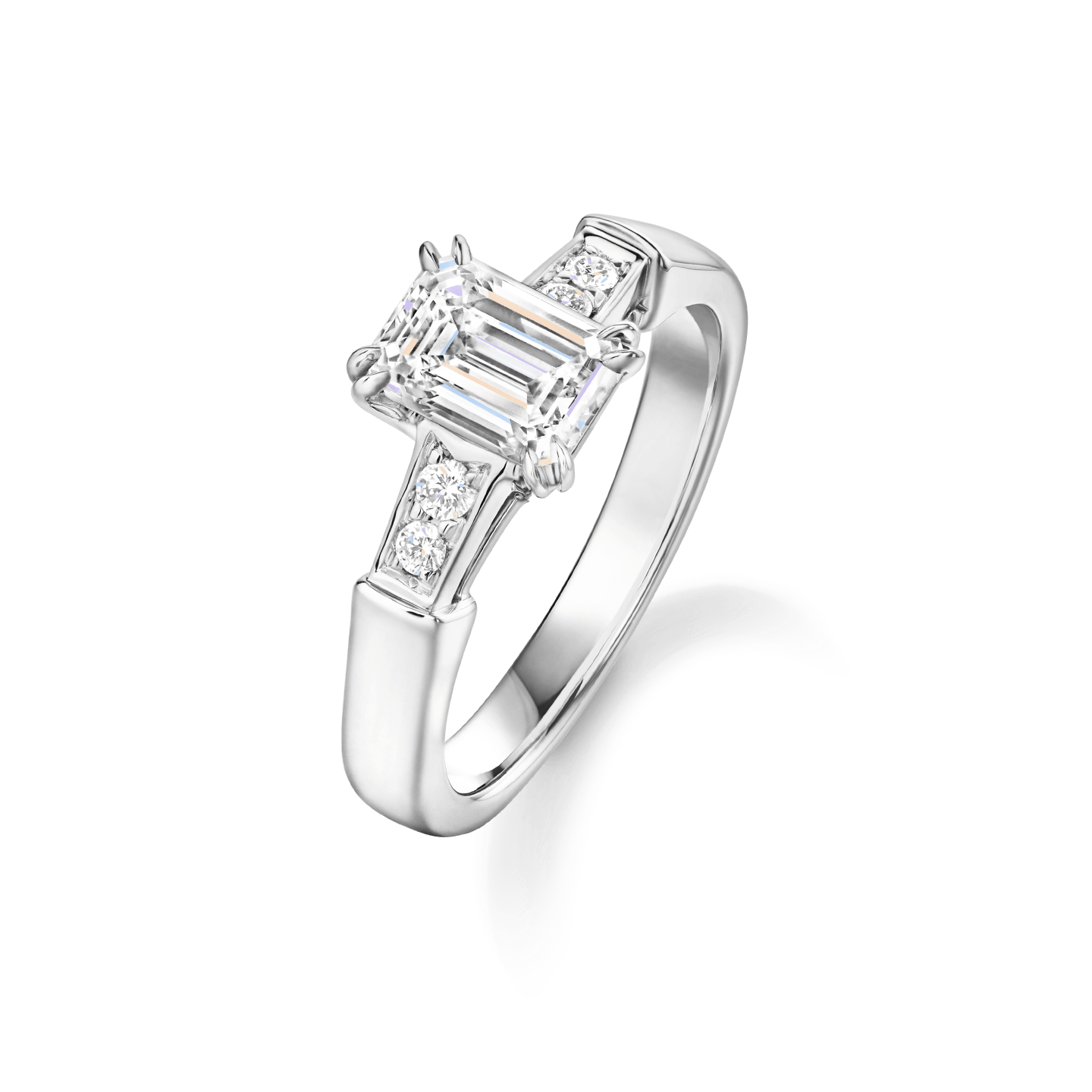 Angled view of the Tryst Emerald-Cut Diamond Engagement Ring