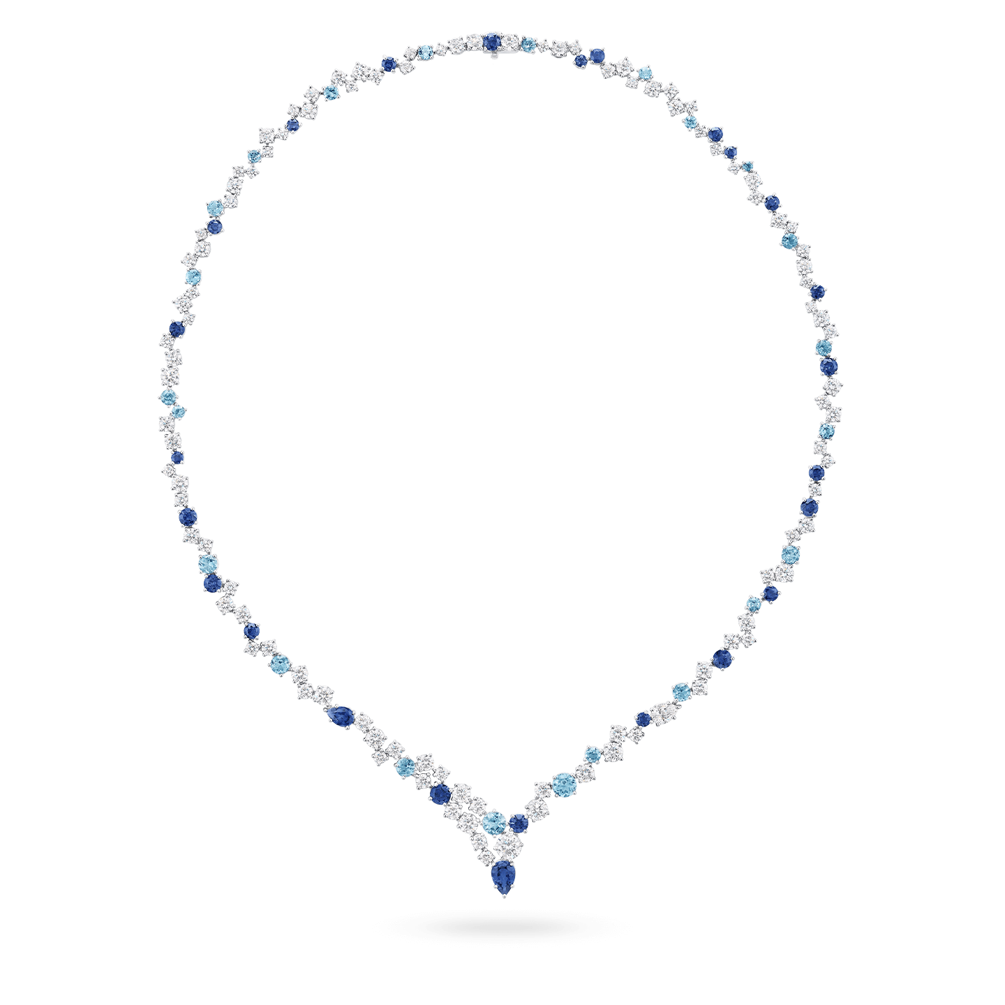 Front view of the Sparkling Cluster Sapphire, Aquamarine and Diamond Necklace