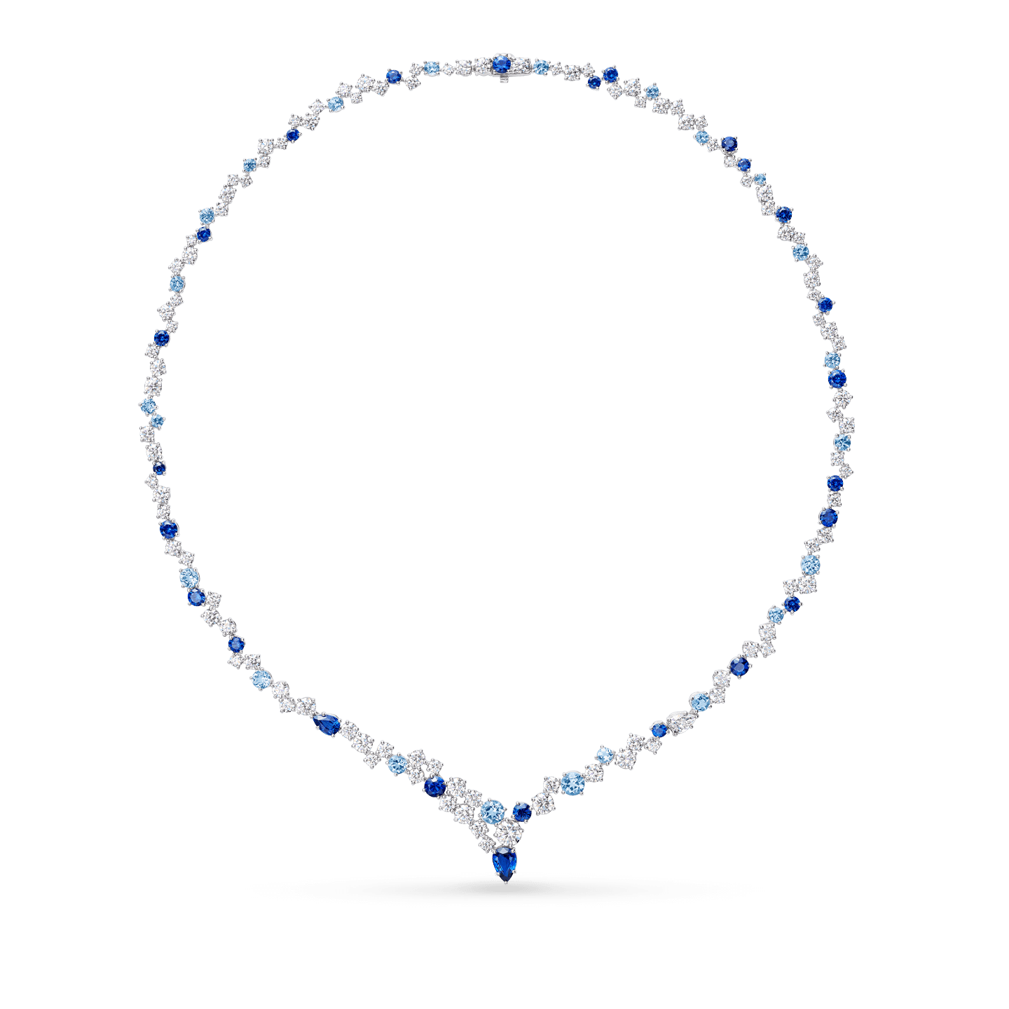 Vue de face de la Collier Sparkling Cluster en saphir, aigue-marine et diamant