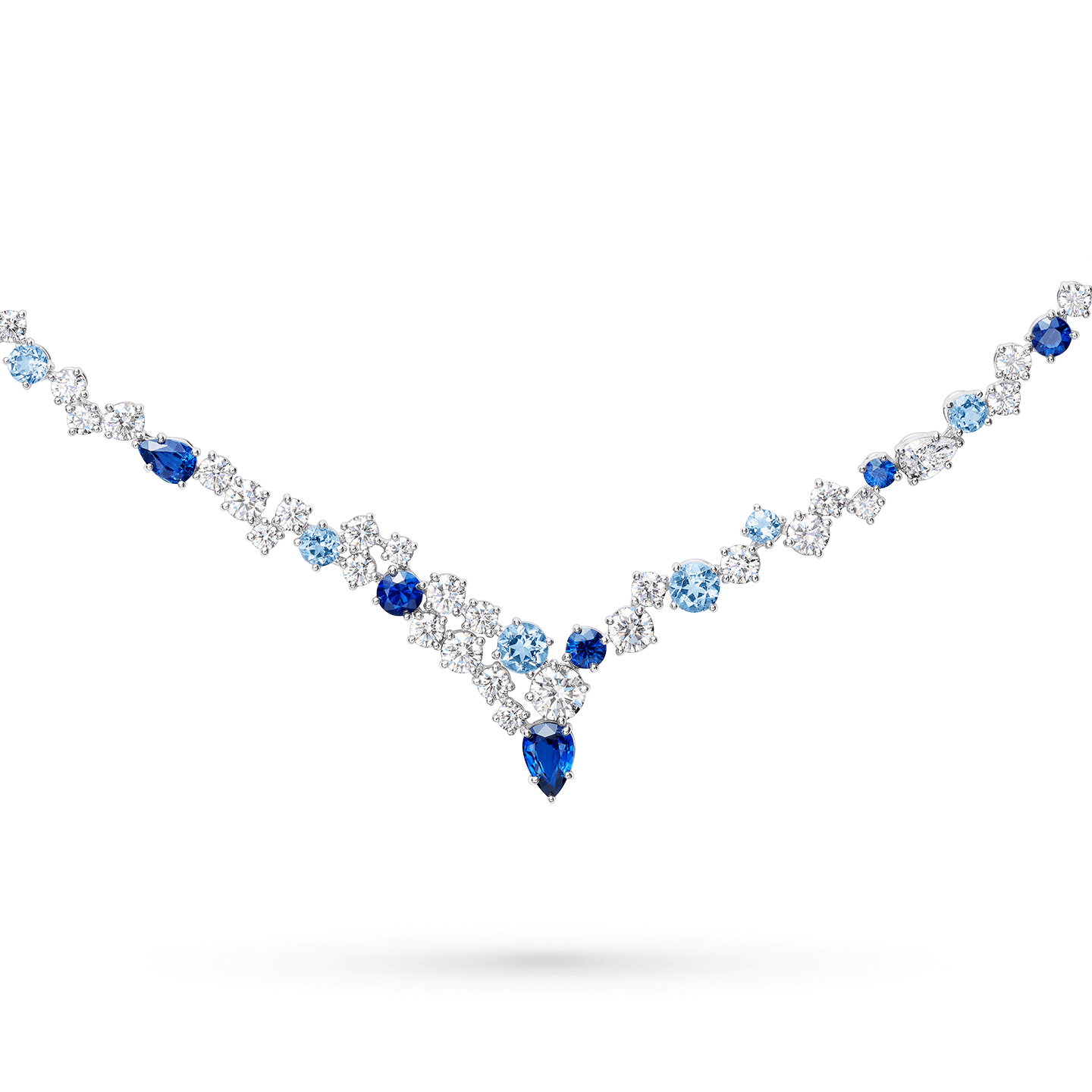 Close-up view of the Sparkling Cluster Sapphire, Aquamarine and Diamond Necklace