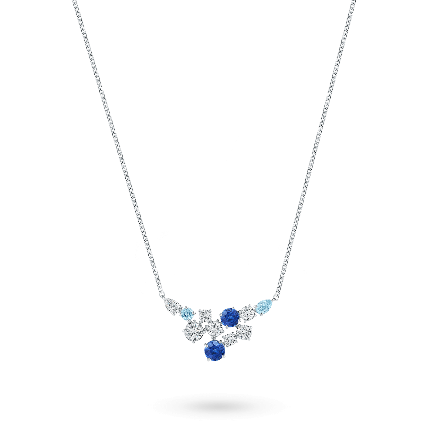 Sparkling Cluster Sapphire, Aquamarine and Diamond Pendant on a longer chain