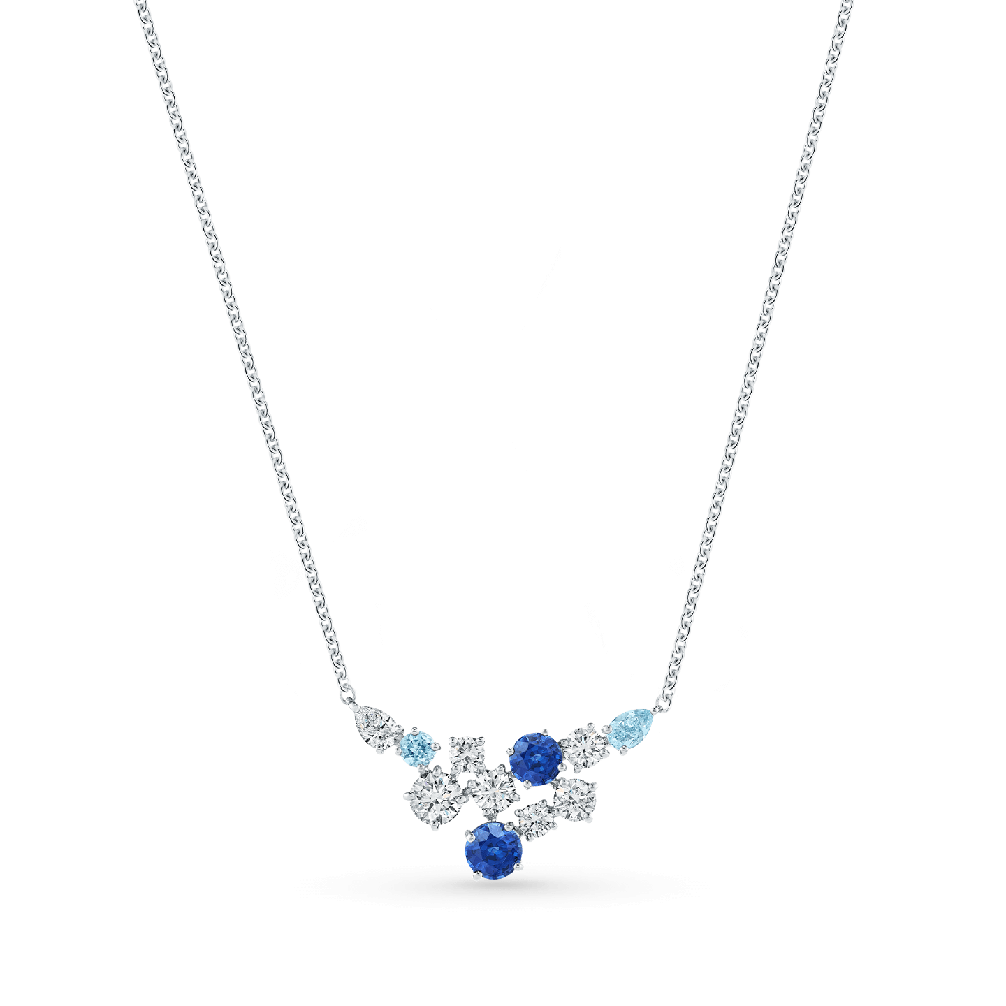Sparkling Cluster Sapphire, Aquamarine and Diamond Pendant on a longer chain