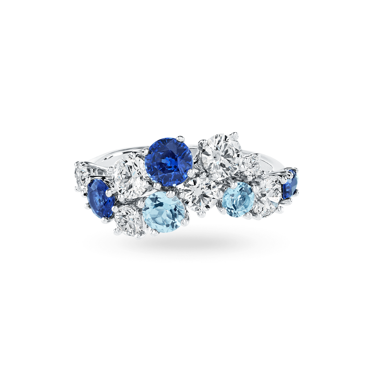 Vue de face de la Bague Sparkling Cluster en saphir, aigue-marine et diamant