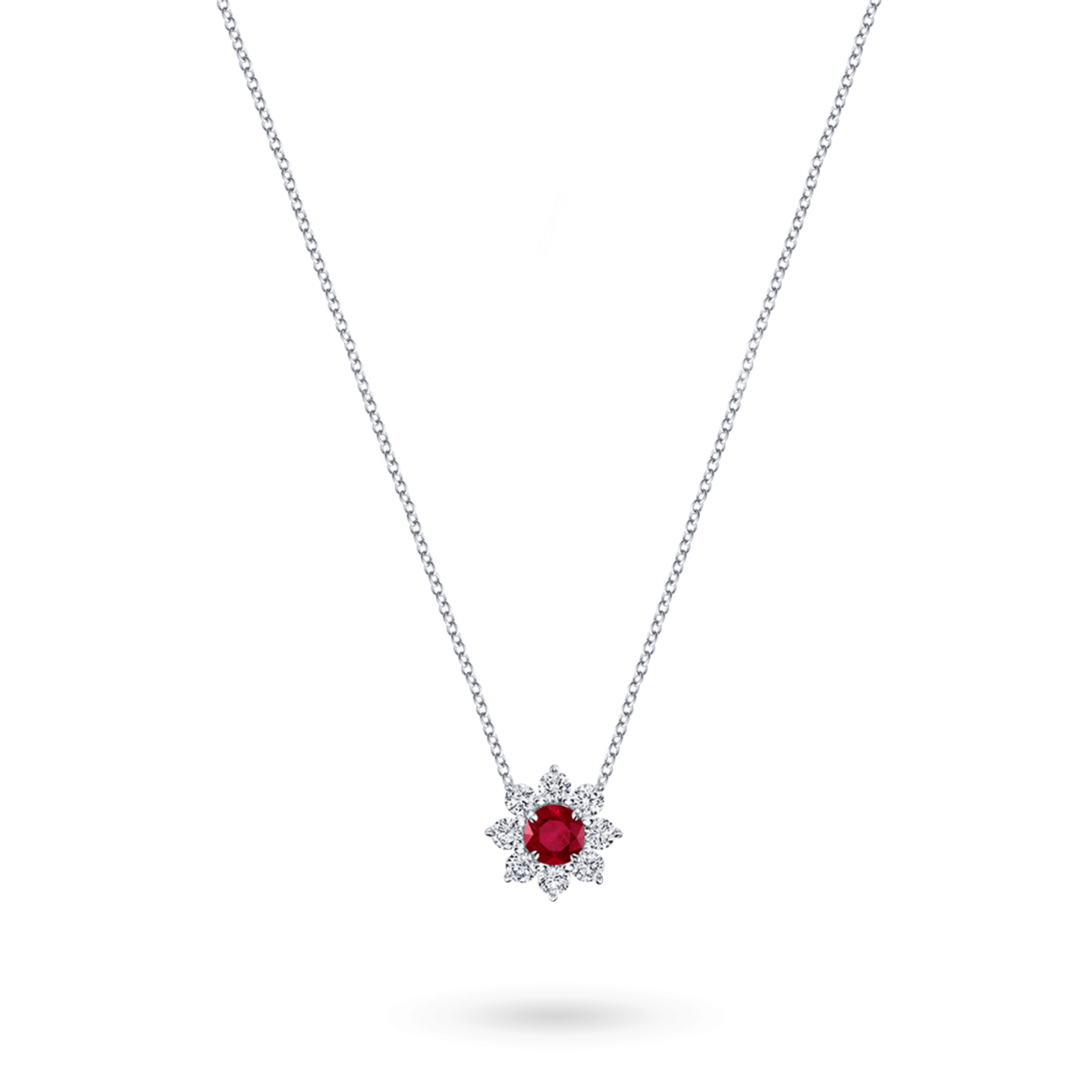 Sunflower Petite Ruby and Diamond Pendant on a longer chain