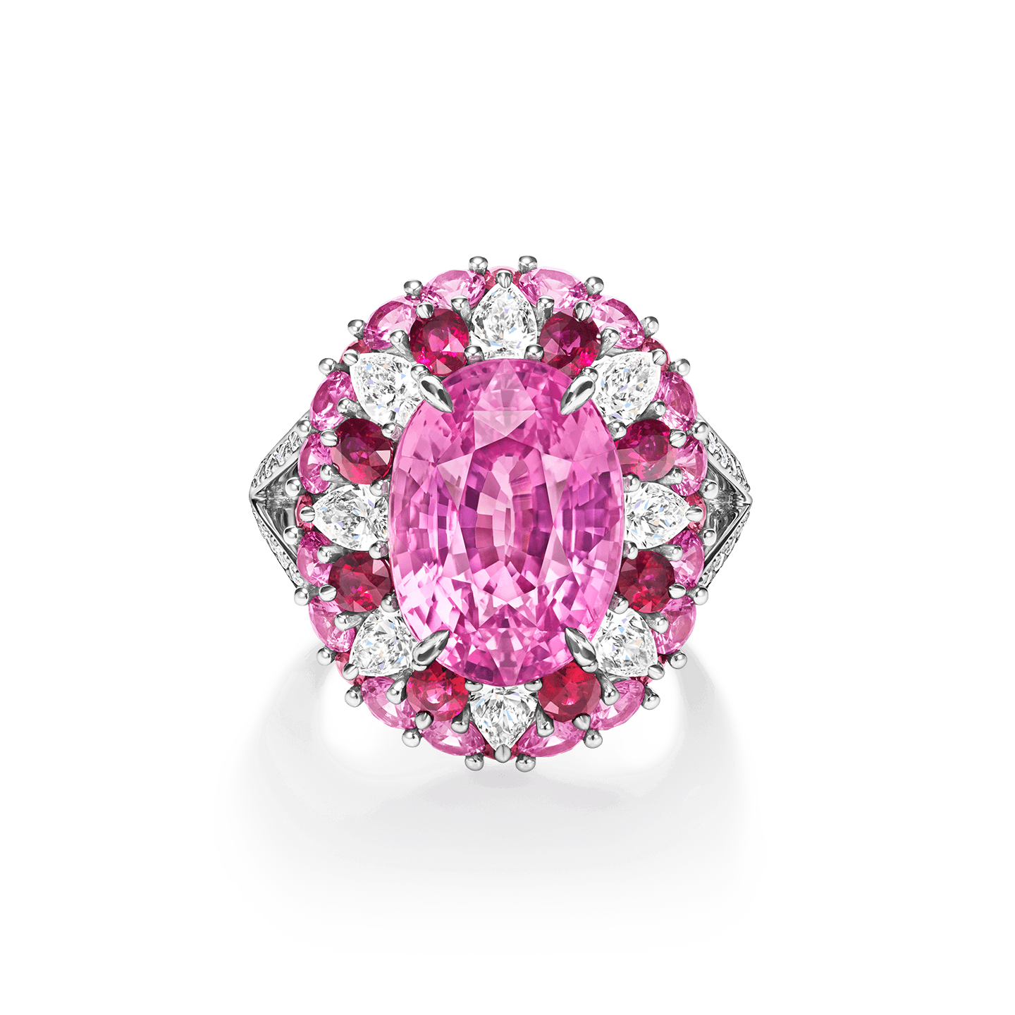 Winston Candy粉紅剛玉戒指，搭配紅寶石和鑽石