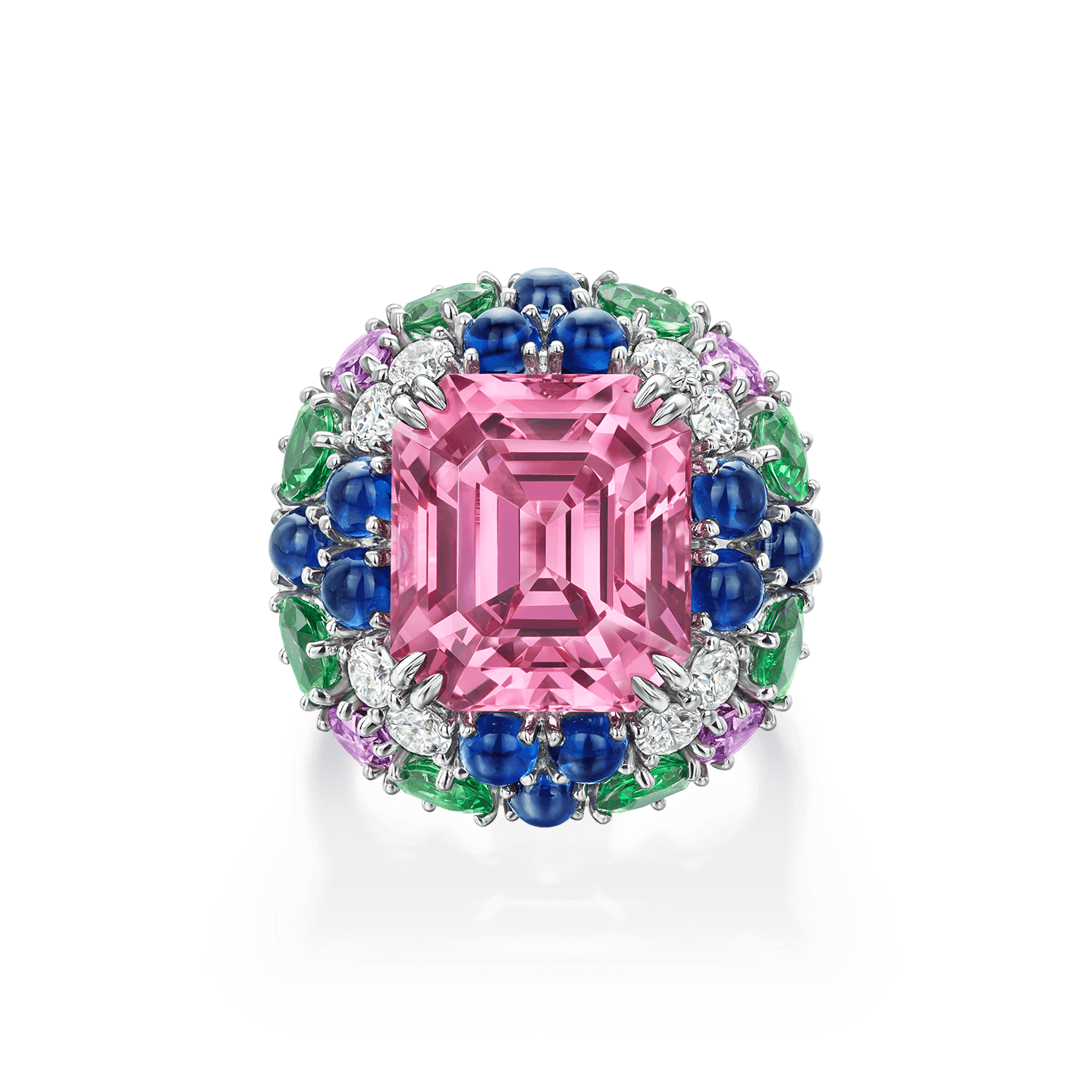Winston Candy偏紫色的粉色尖晶石戒指，搭配蓝宝石、沙弗莱石和钻石