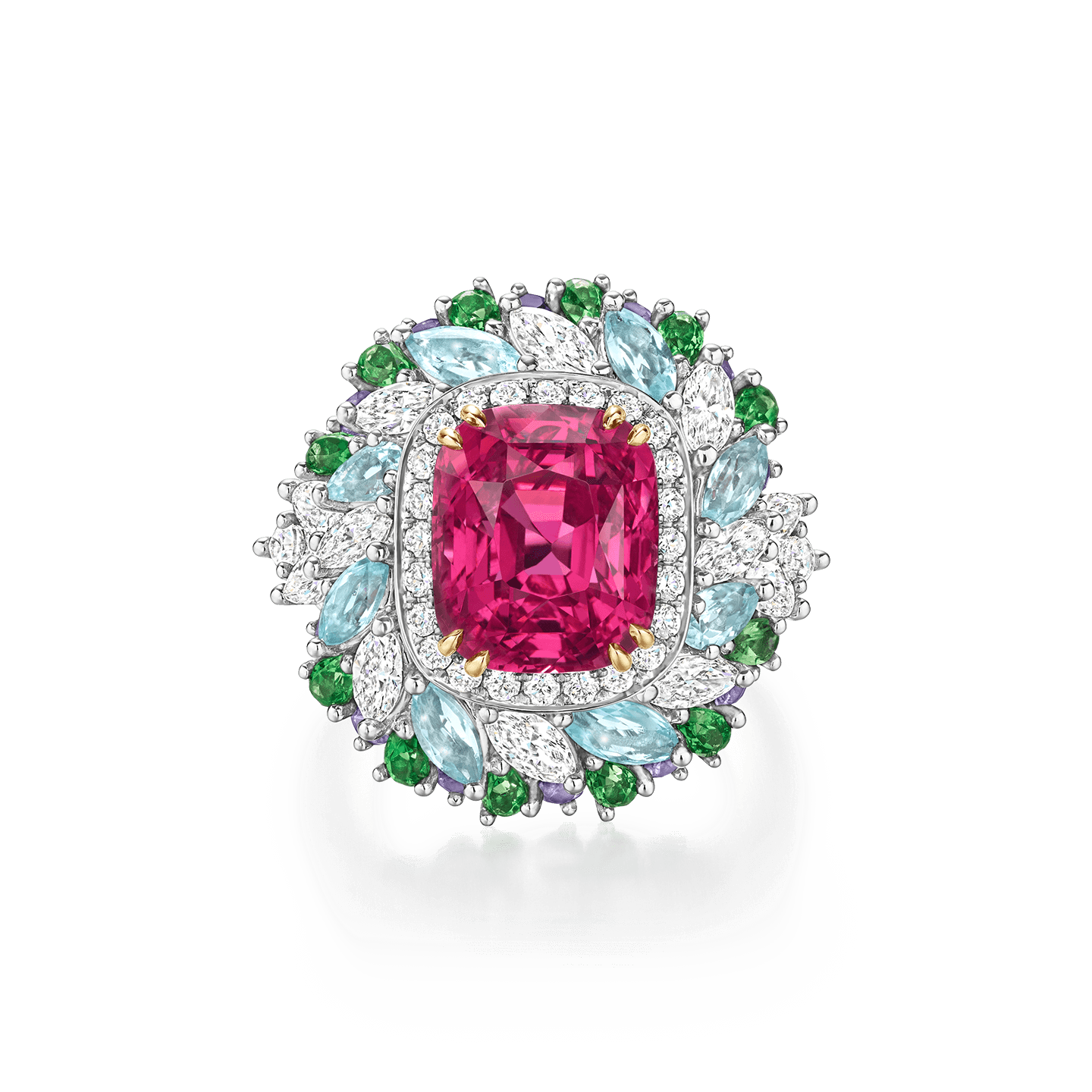 Winston Candy偏紅色的粉色尖晶石戒指，搭配沙弗萊石、紫色剛玉、帕拉伊巴碧璽和鑽石