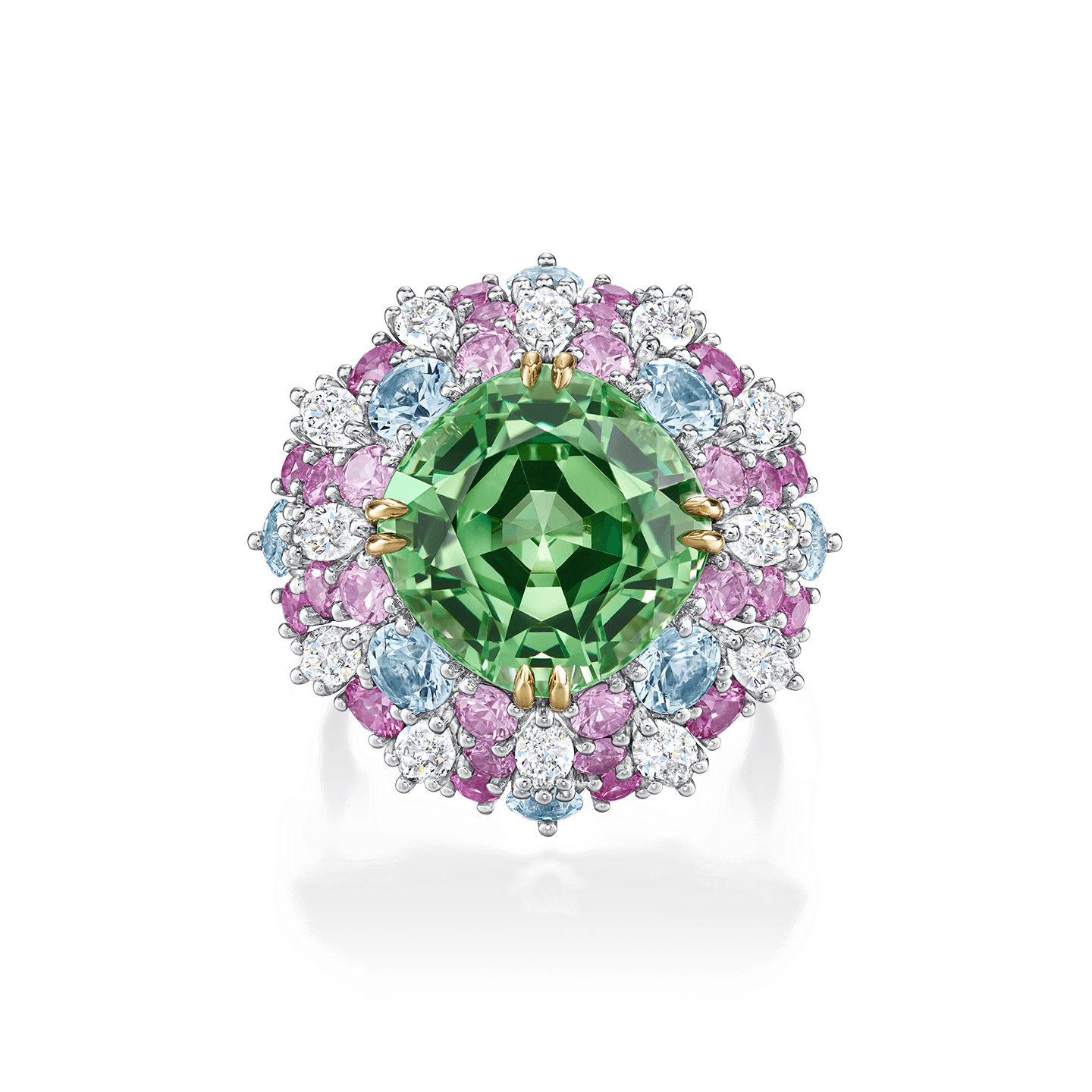 Bague Winston Candy en grenat tsavorite avec des saphirs, aigues-marines et diamants