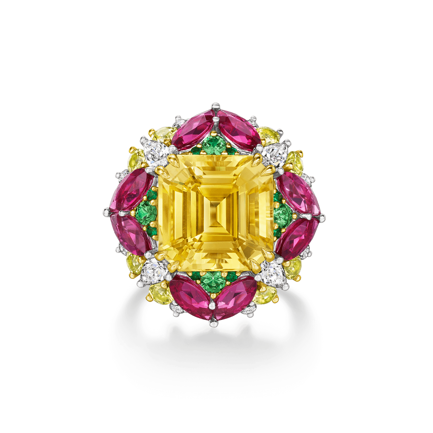 A Winston Candy Yellow Sapphire Ring with candies on a pink background. 