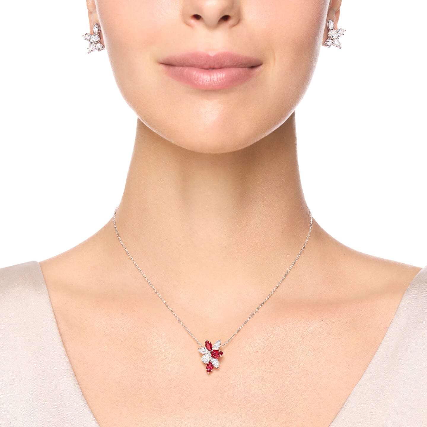 Winston Cluster Ruby and Diamond Pendant on a model