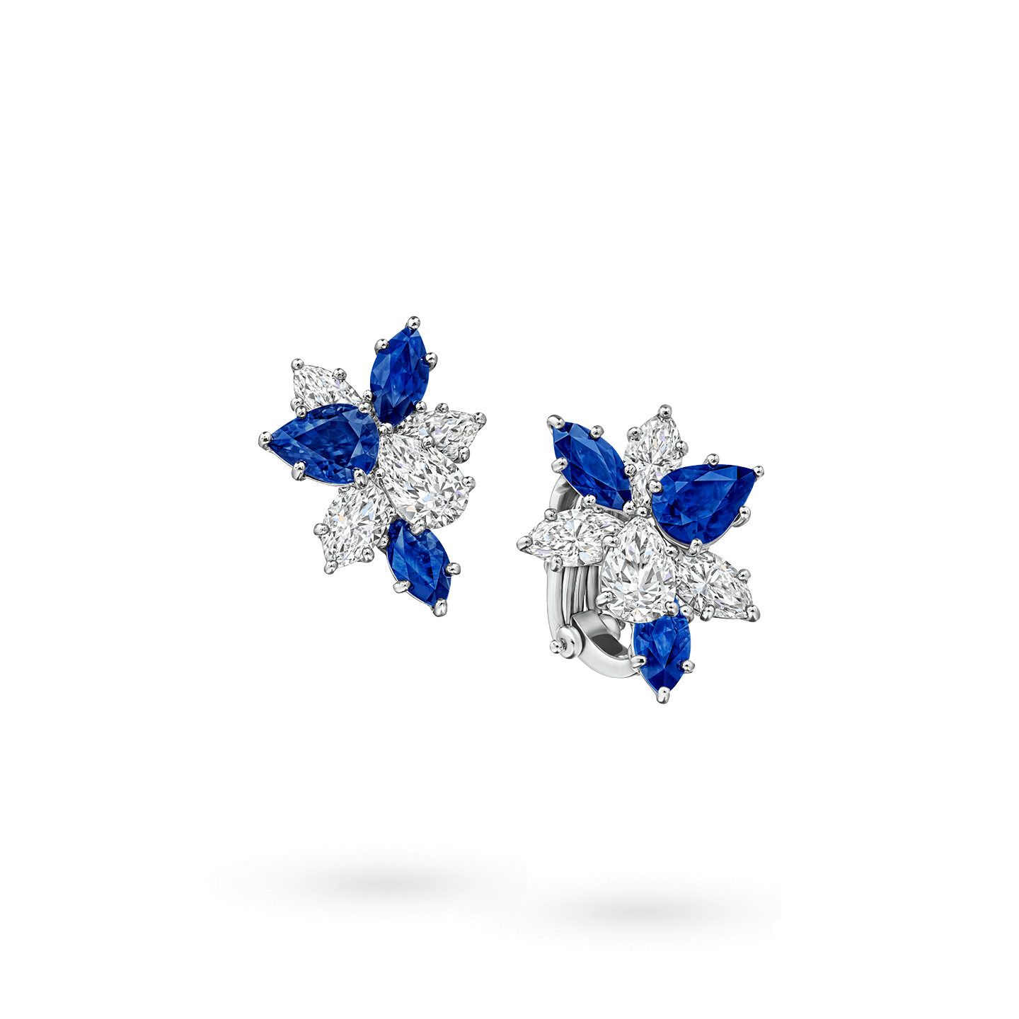 Angled view of the Winston Cluster Sapphire and Diamond Earrings