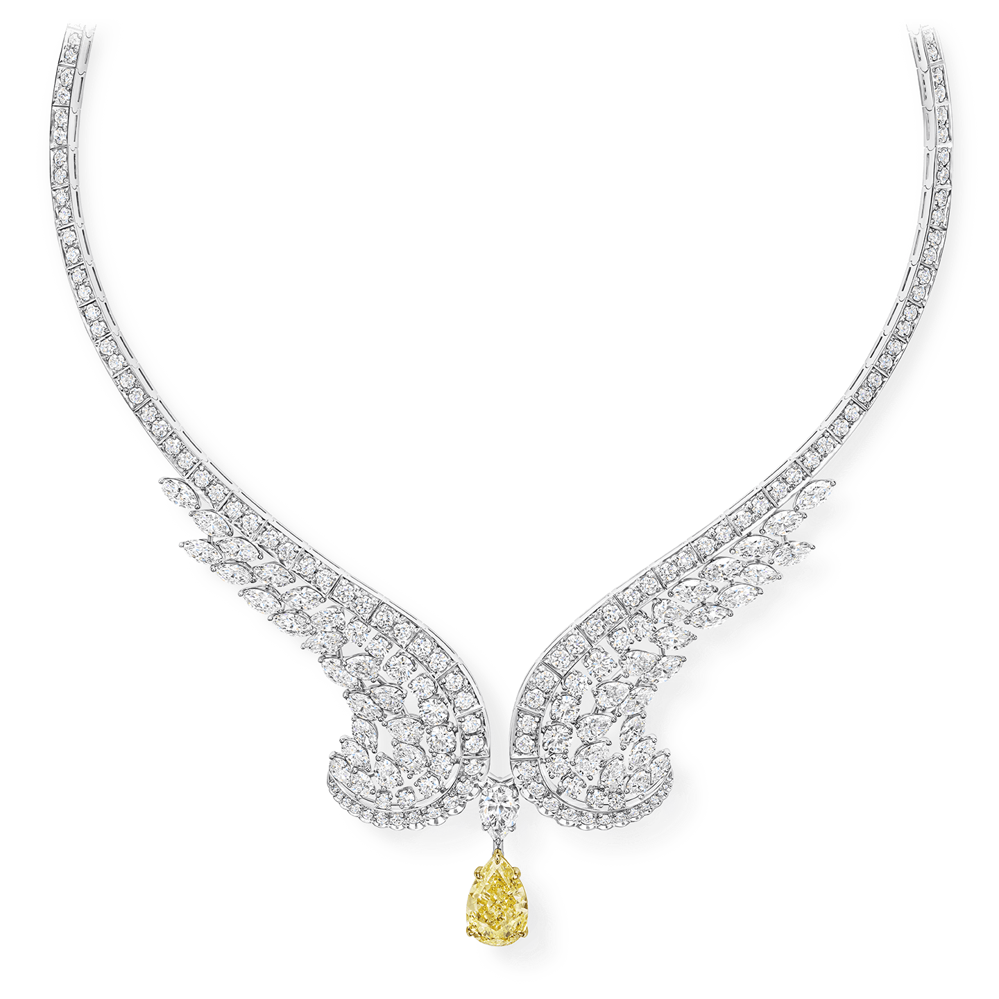 Une pierre centrale en diamant jaune fancy taille poire de 5,87 carats sertie en collier avec 250 diamants taille poire, marquise et brillant pesant un total de 27,55 carats, sertis sur platine et or jaune 18 carats.