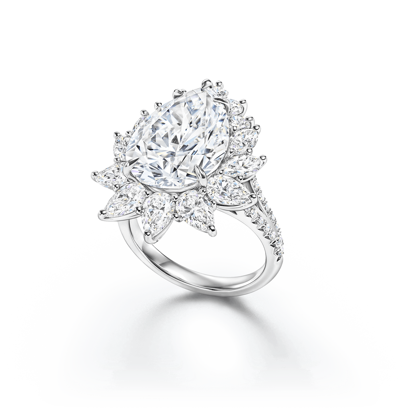 Un diamant taille poire de 6,22 carats, monté en bague avec 14 diamants en forme de poire et brillant pour un total d'environ 2,25 carats, sertis en platine.