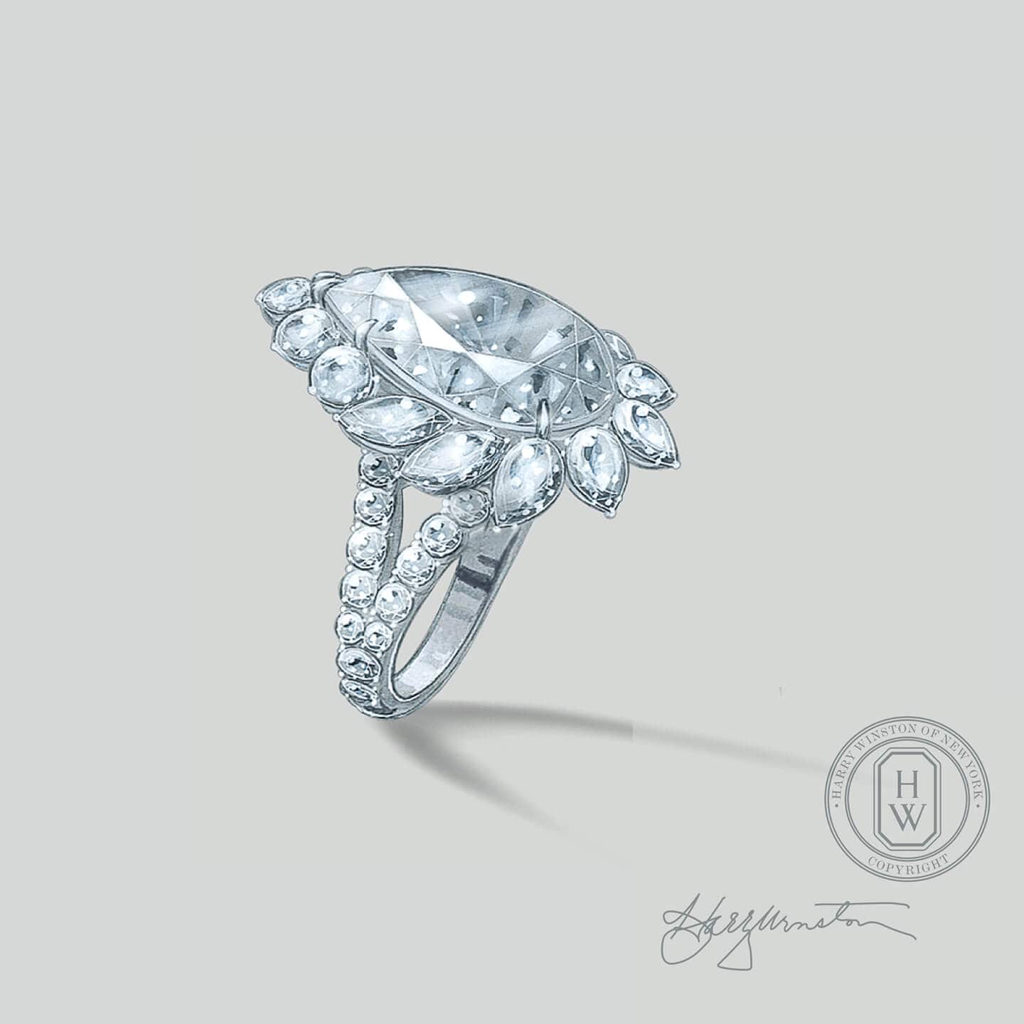 Sketch of a pear-shaped diamond ring from the Legacy Collection by Harry Winston