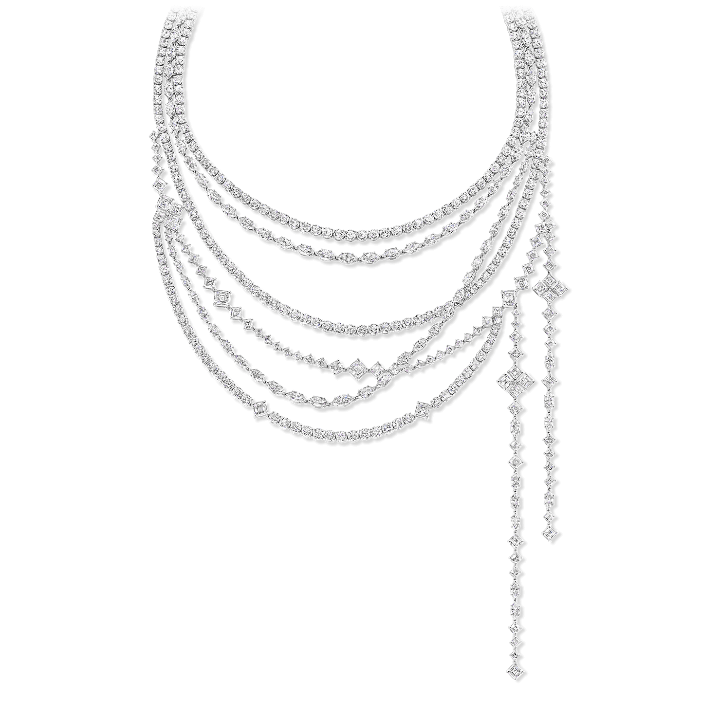 568 diamants taille marquise, brillant et taille émeraude carrée pour un total d'environ 115,90 carats, sertis sur platine. Les éléments du collier Secret Combination peuvent être portés en sept configurations différentes.