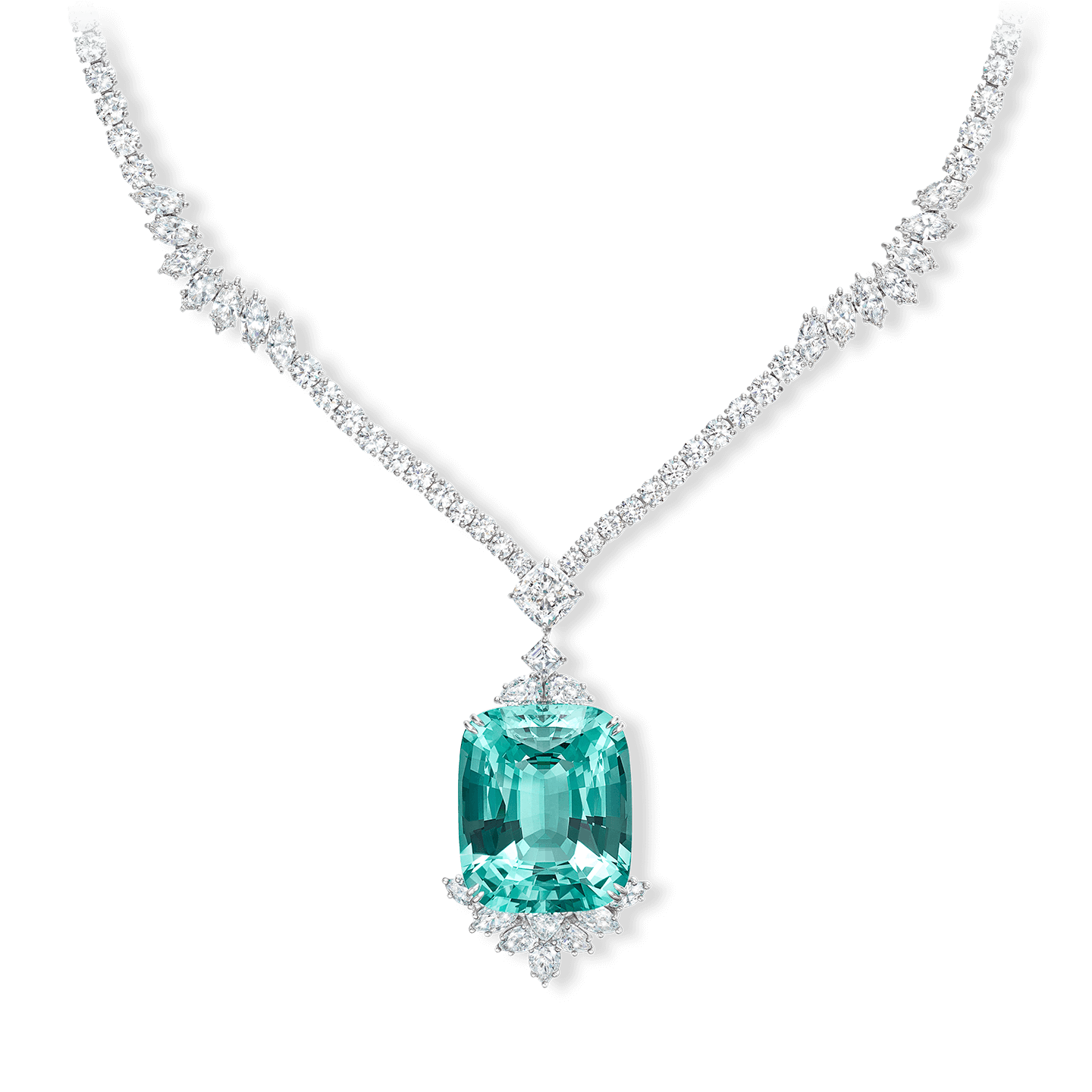 The Emerald and Diamond Necklace by Harry Winston against a white background. 