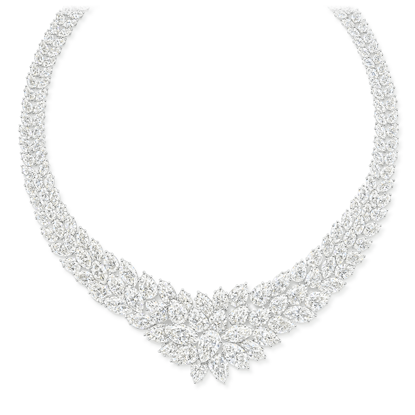 195颗总重约为136.66克拉的榄尖形和水滴形切工钻石，悉心镶嵌于铂金底座之上。