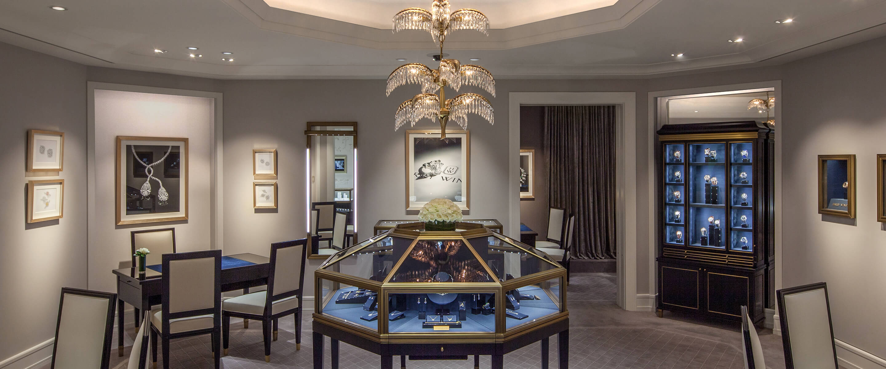 Luxury showroom featuring jewelry display case of the Harry Winston Omotesando Salon