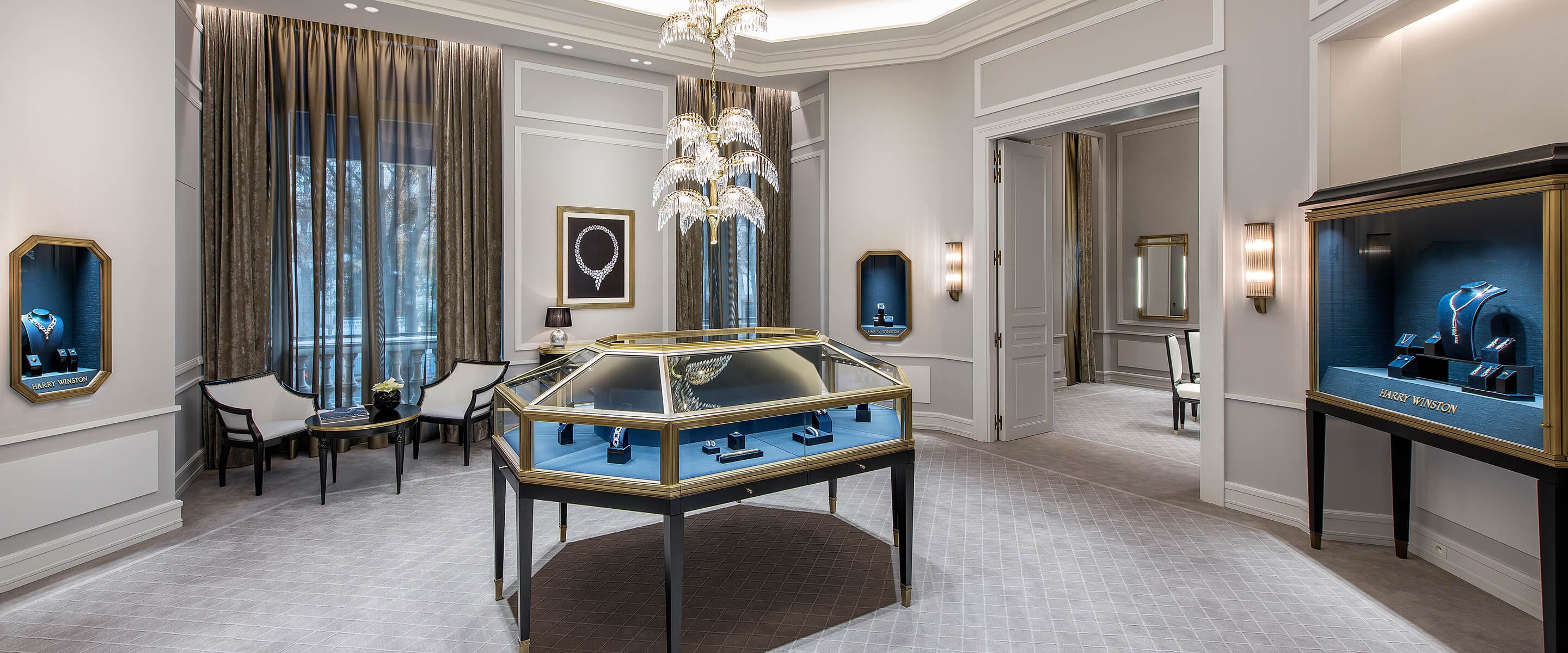 Luxury showroom featuring jewelry display case of the Harry Winston Paris Avenue Montaigne Salon