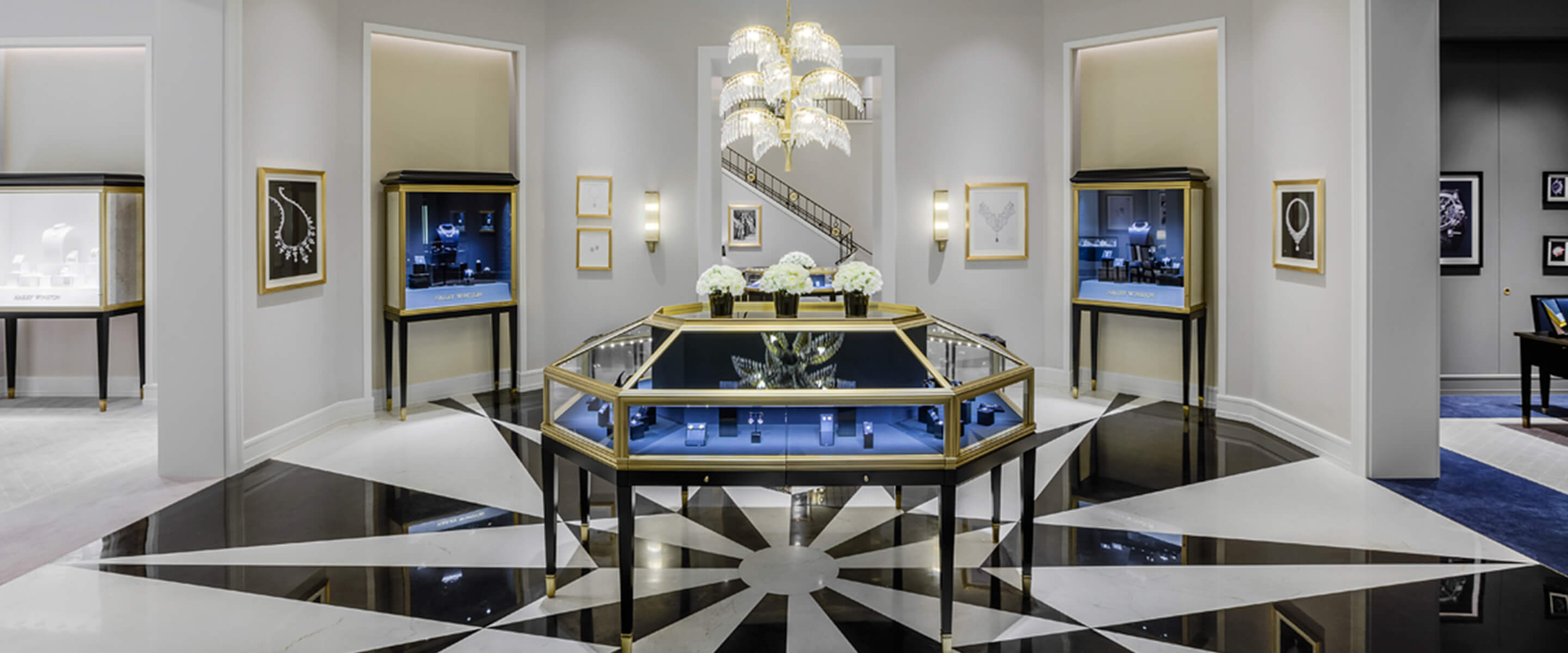Luxury showroom featuring jewelry display case of the Harry Winston Moscow Salon