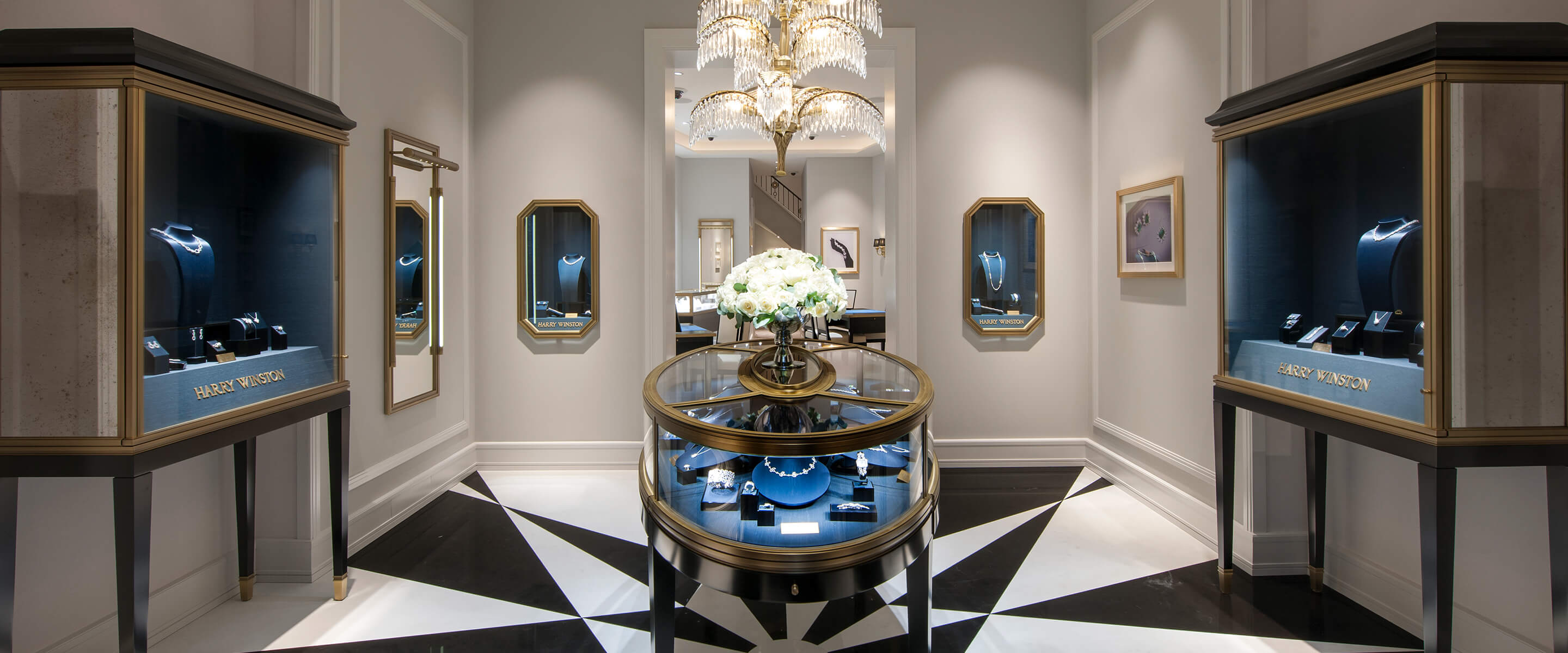 Luxury showroom featuring jewelry display case of the Harry Winston London New Bond Street Salon