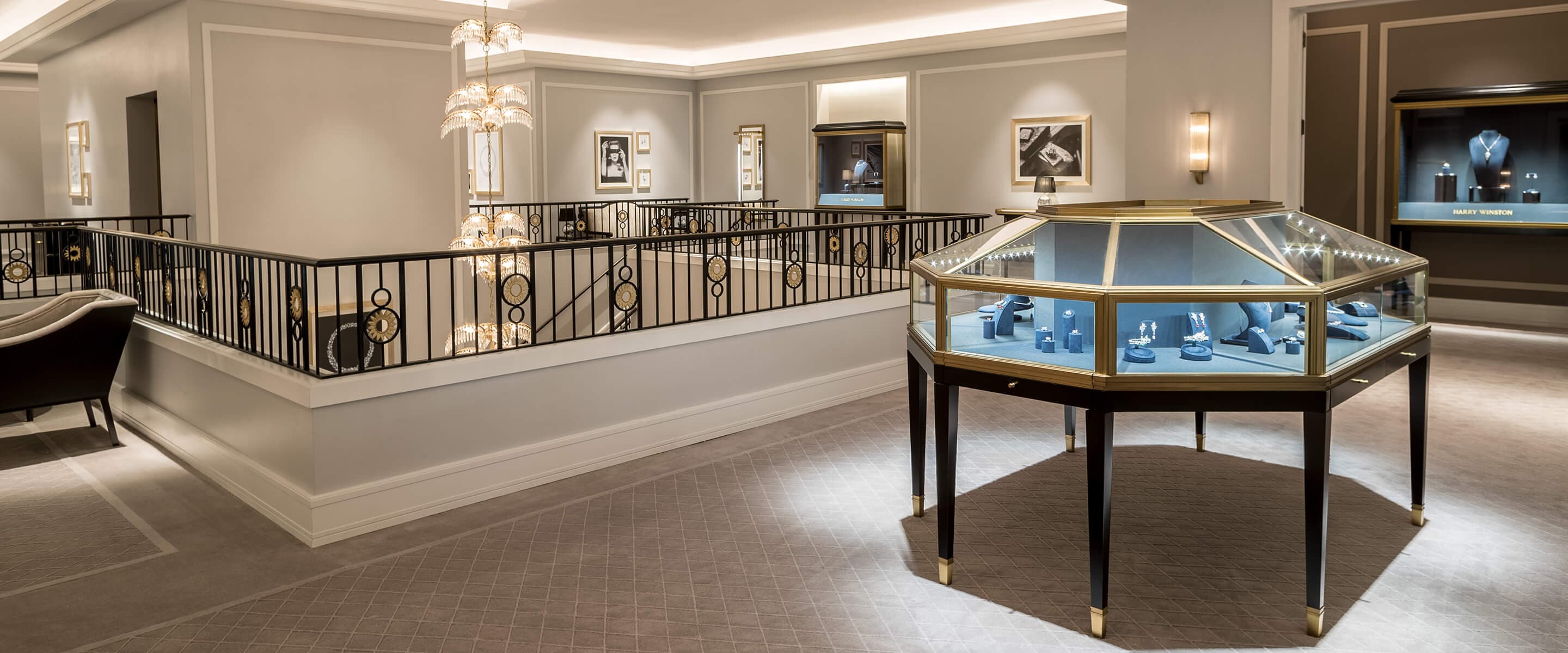 Luxury showroom featuring jewelery display case of the Harry Winston Beverly Hills Salon