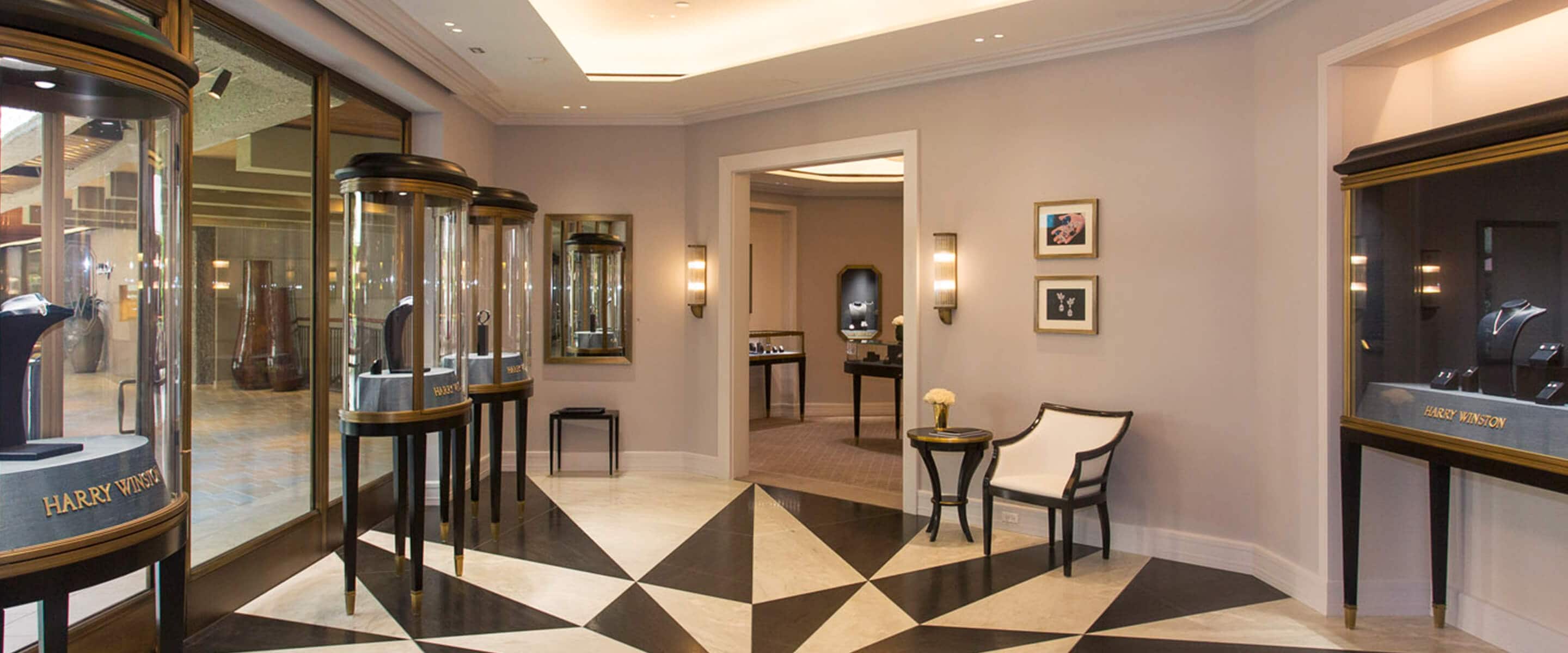 Luxury showroom featuring jewelry display case of the Harry Winston Waikiki Salon