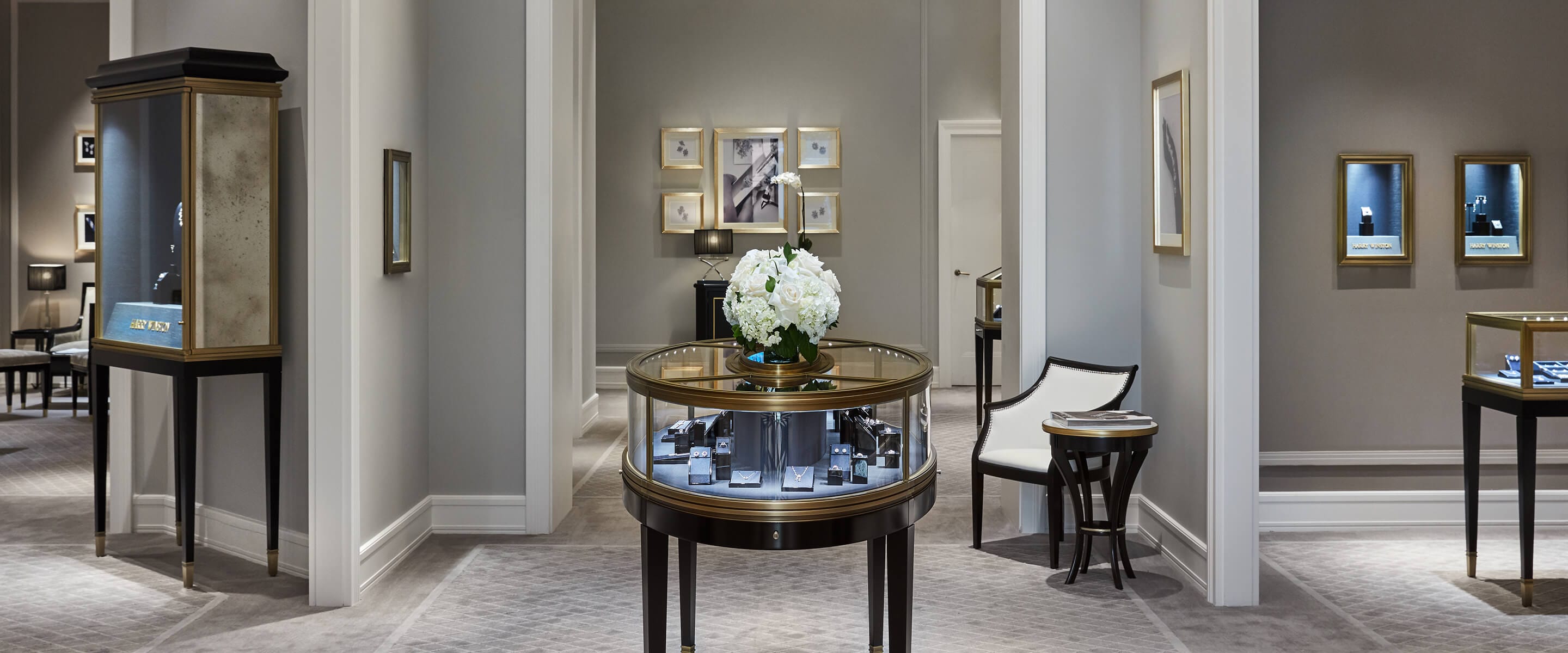 Luxury showroom featuring jewelry display case of the Harry Winston Houston Salon