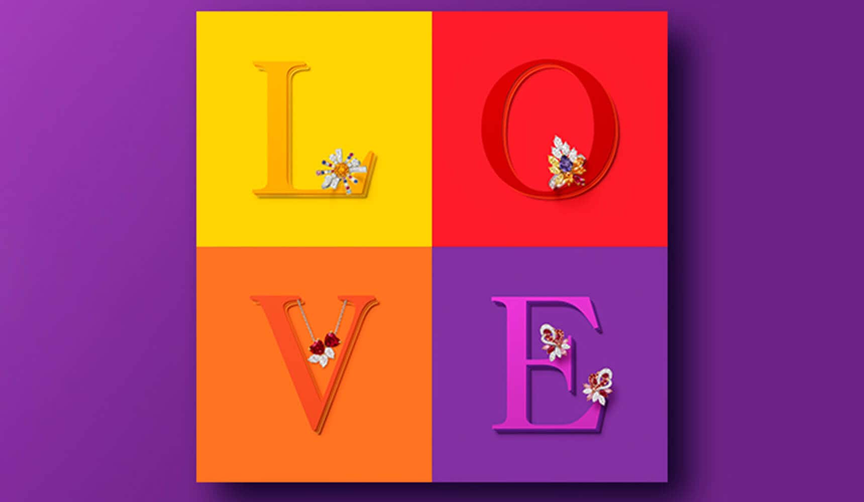 Harry Winston jewels accompanying letters L, O, V, E on a colorful background
