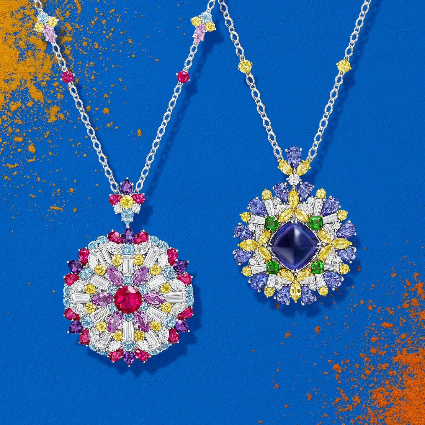 Two Winston Kaleidoscope pendants with colorful and unique gemstones.