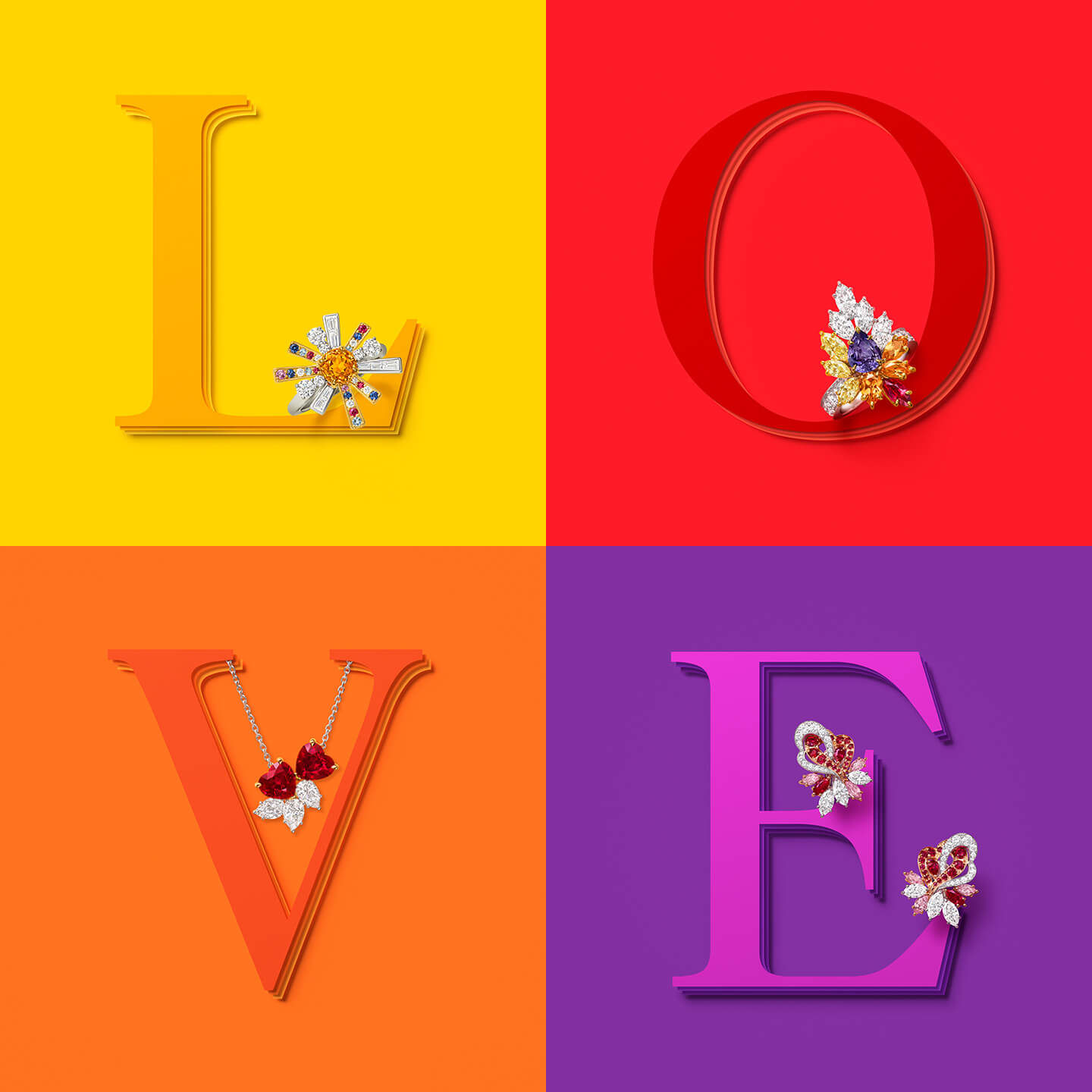 Harry Winston jewels accompanying letters L, O, V, E on a colorful background