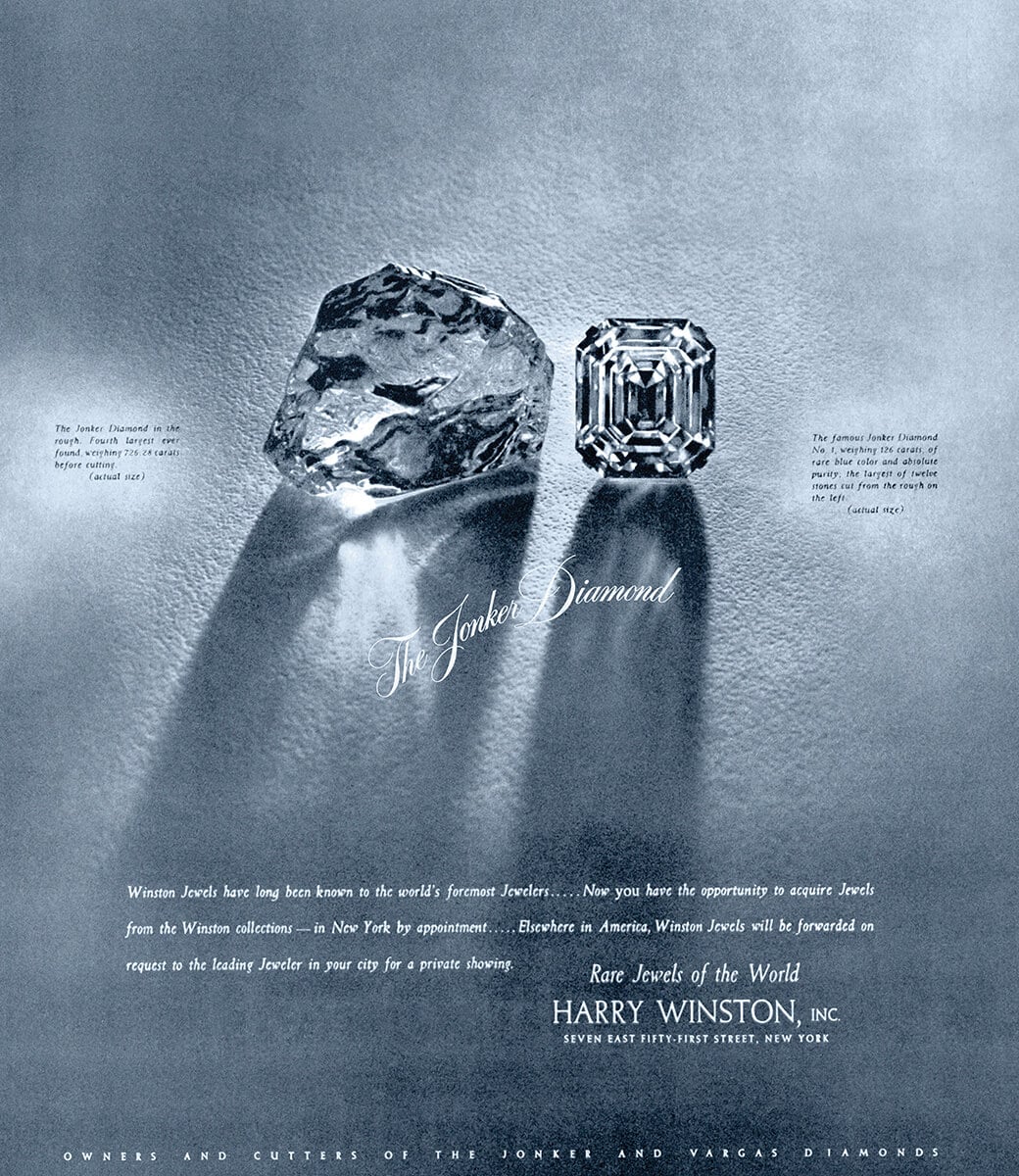 Vintage Harry Winston advertising with side-by-side images of the Jonker diamond rough next to one of it's largest cut stones 