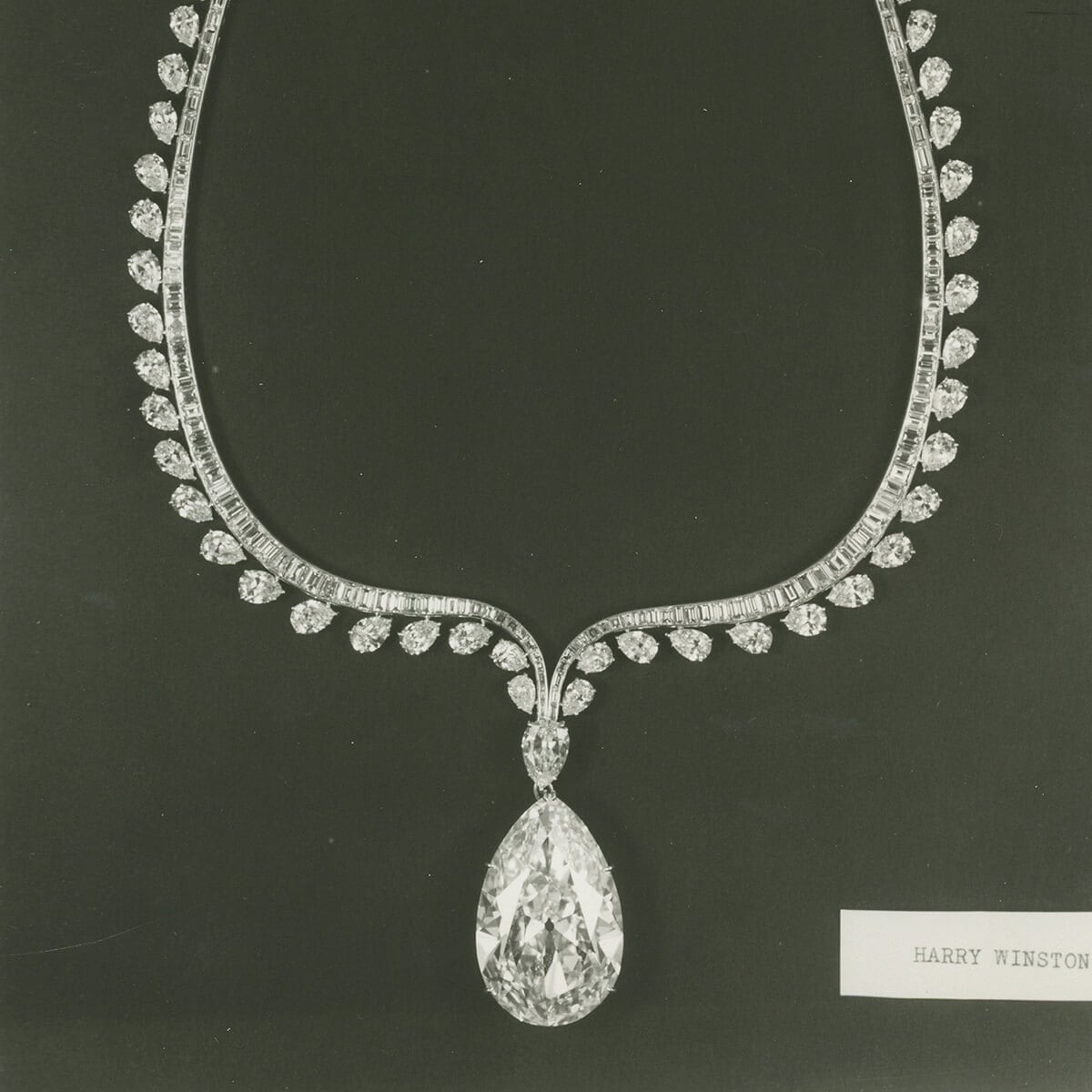Black and white image of The Winston Diamond set in a necklace