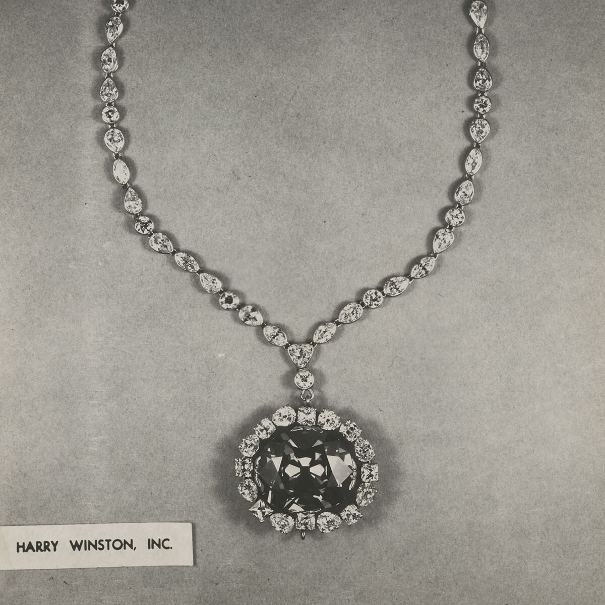 A black and white image of the original necklace setting for The Hope Diamond