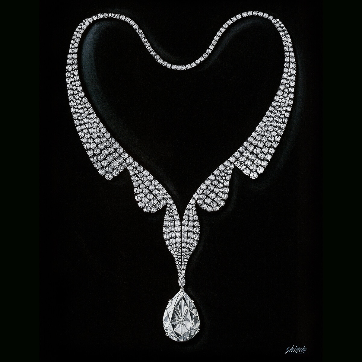 Sketch of a necklace featuring aflawless 69.42 carat pear-shaped diamond that would be purchased by Richard Burton for Elizabeth Taylor and named the Taylor-Burton Diamond